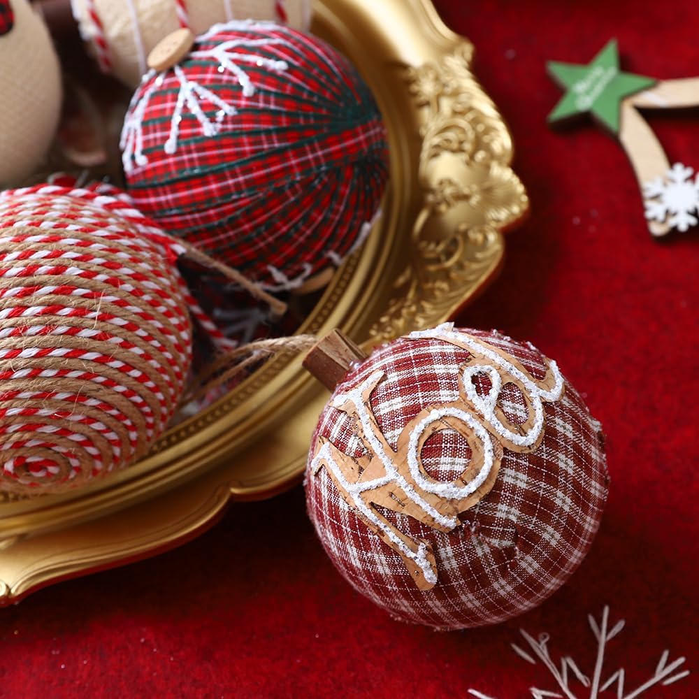 12 Piece Rustic Christmas Tree Ornaments, Farmhouse Christma Decoration, 3.15 inch Natural Jute Burlap Christmas Ball