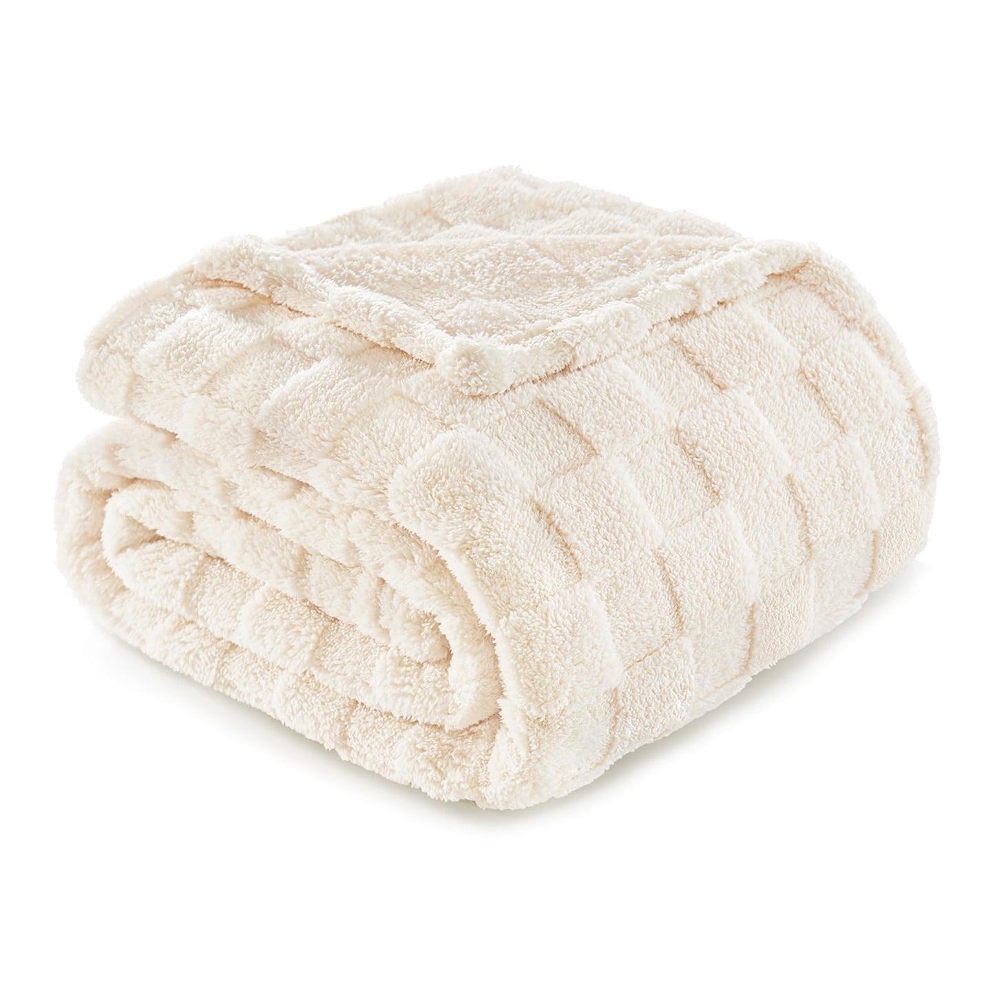 Exclusivo Mezcla Fleece Throw Blanket for Couch,Super Soft and Warm Lightweight Checkered Pattern Blankets for All Seasons, 50x60 Inches, Ivory