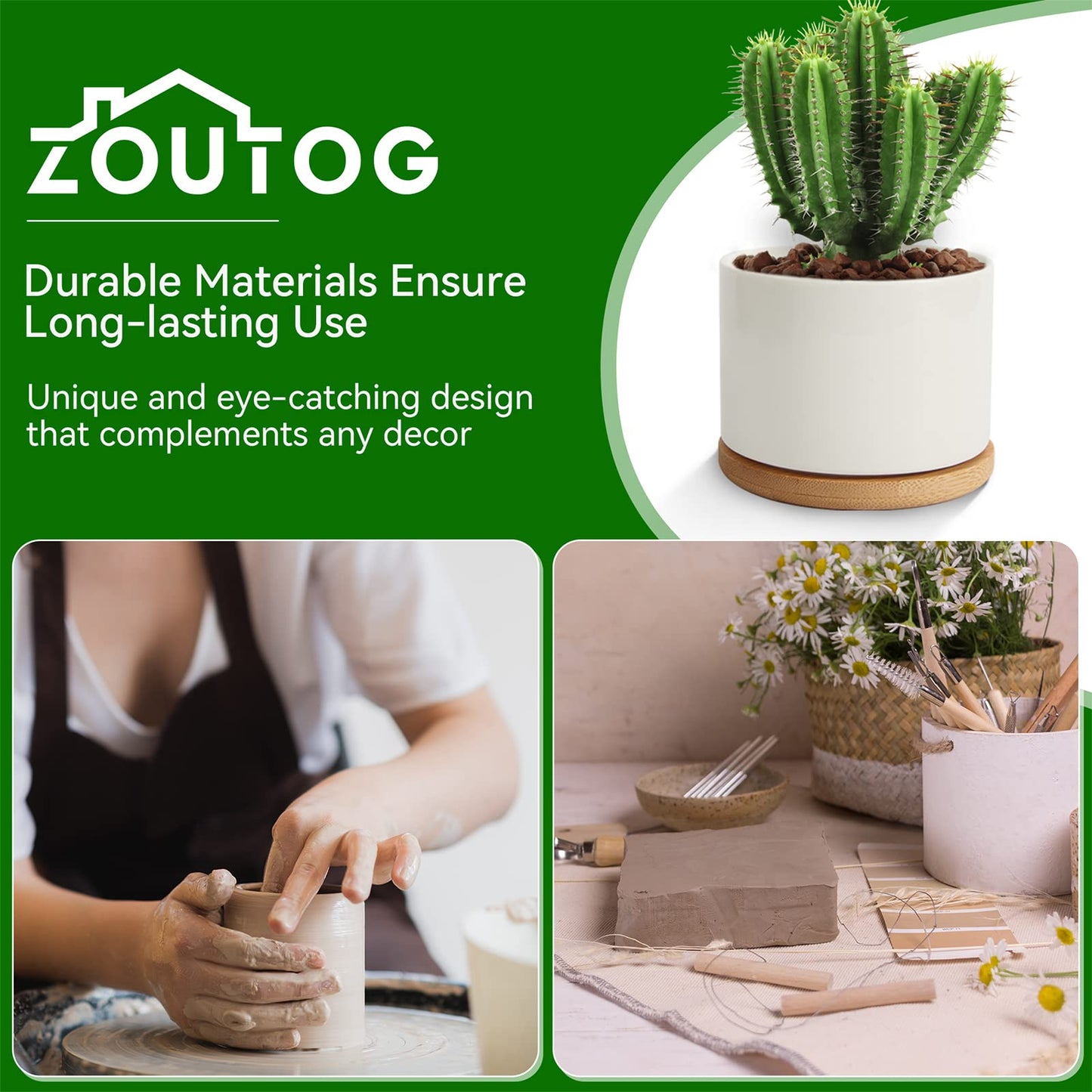 ZOUTOG Ceramic Succulent Pots,3.6 Inch Plant Pots,Succulent Planters with Drainage Hole & Bamboo Tray for Indoor Plants,White Small Flower Planters for Home,Office,Desk(6 Pack)