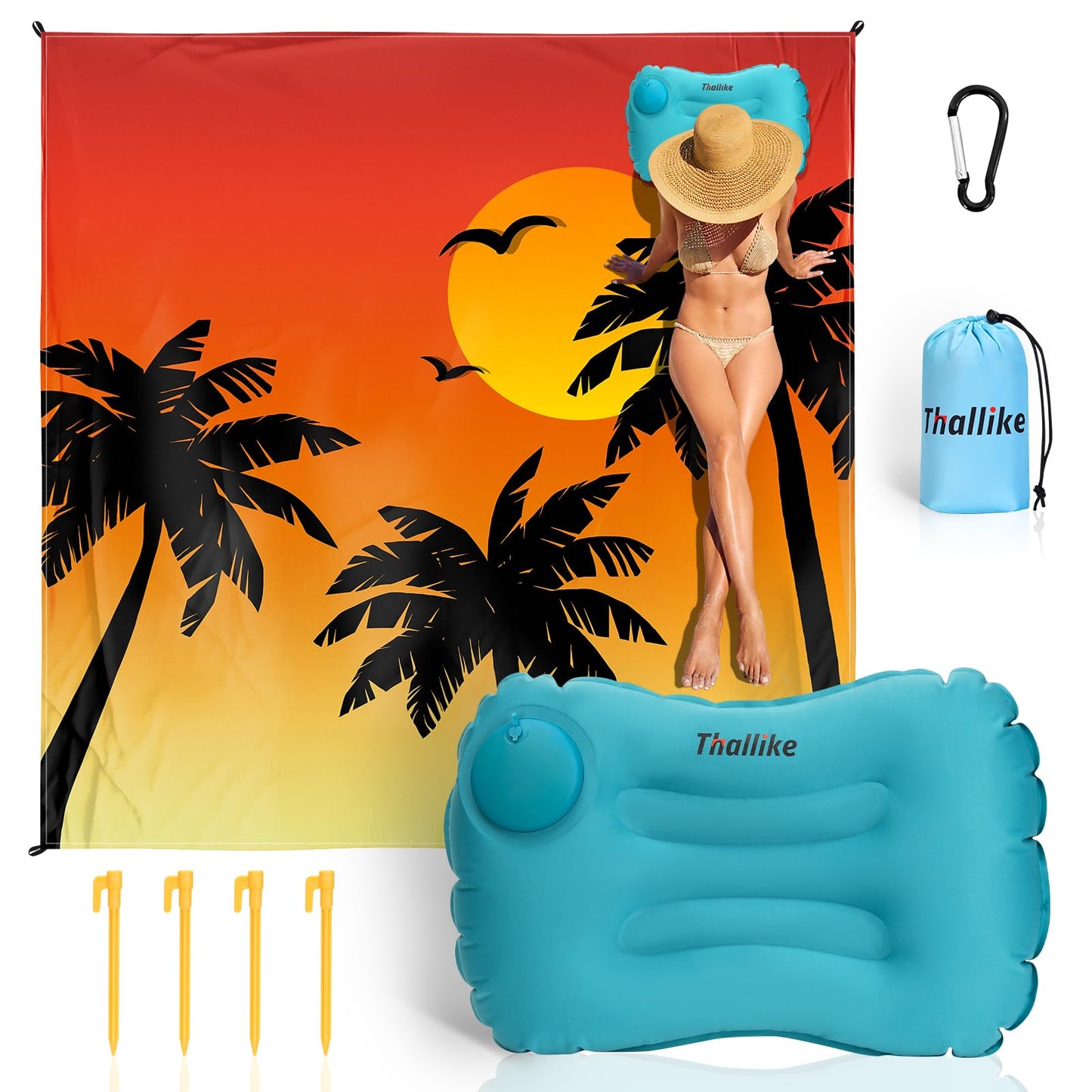 Beach Blanket, Waterproof Sandproof Beach Mat with Stakes and Inflatable Camping Pillow, 79" X 83" Quick Drying Lightweight & Durable Outdoor Picnic Mat with 4 Corner Pockets for Beach Camping