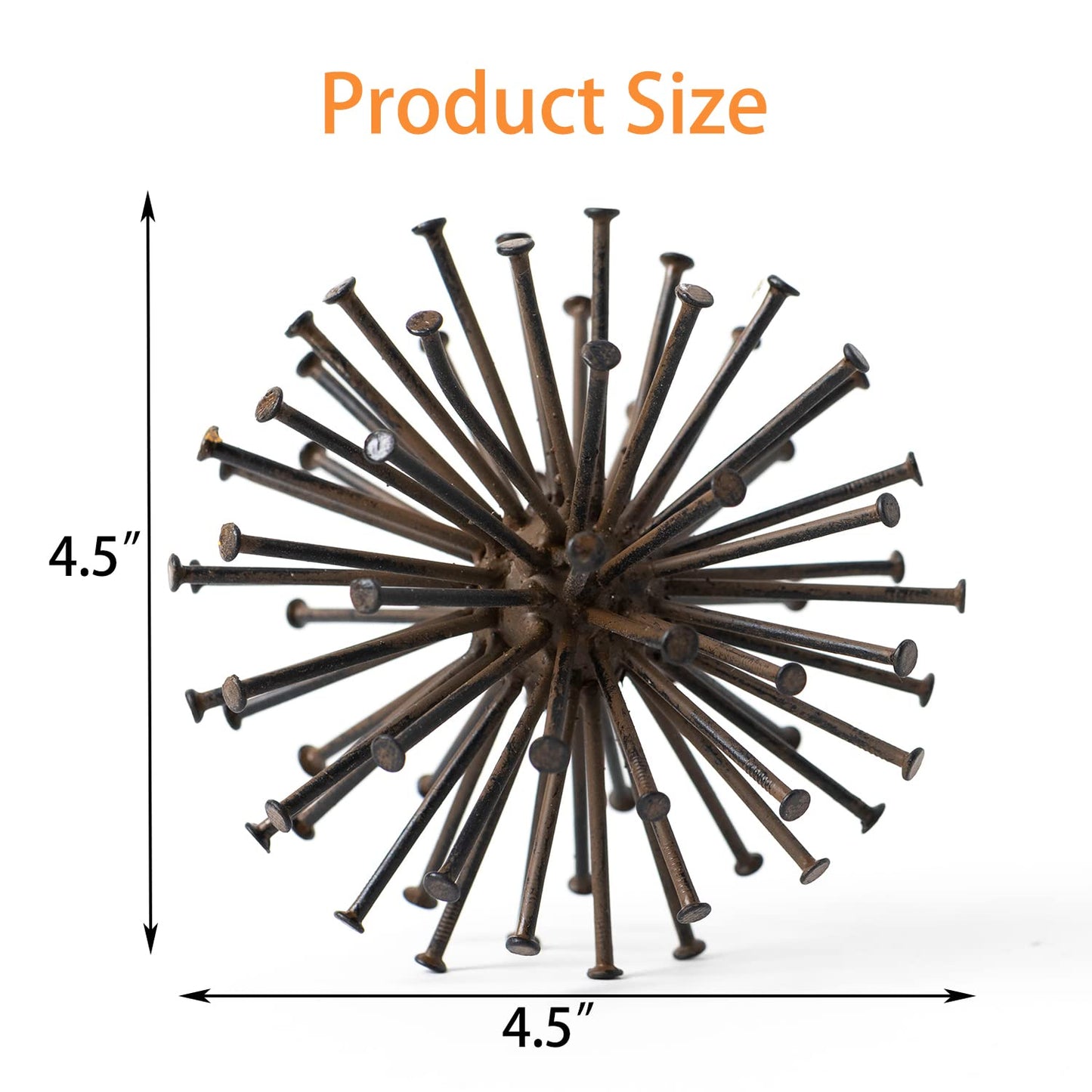 TICKCACY Metal Starburst Sculpture, Spike Tabletop Decorative Sphere, Small Abstract Geometric Urchin Decor Ball, Rusty Iron Table Top Decoration Orb for Home Living Room Bedroom Office Shelf