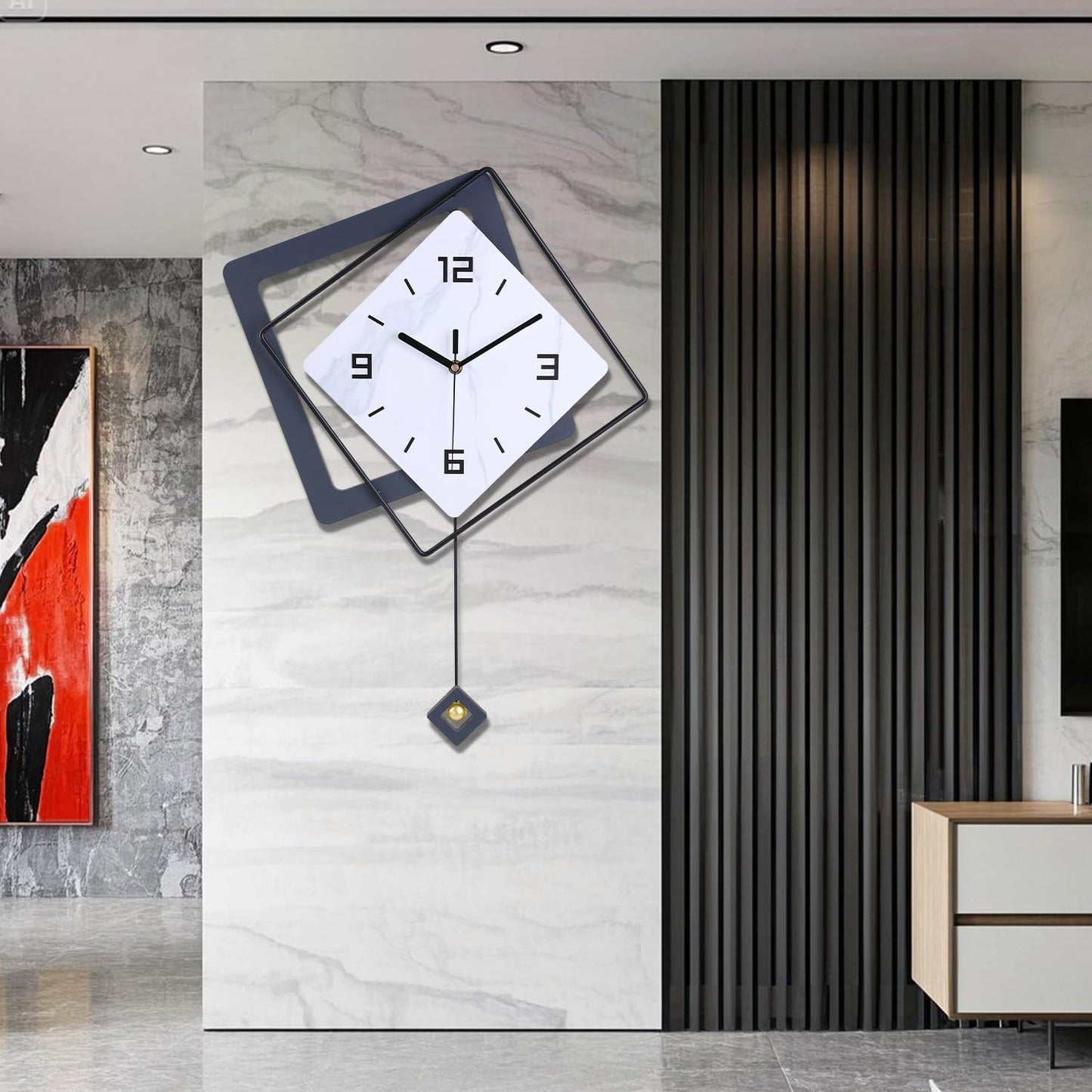 Wall Clock with Pendulum, Silent Quality Quartz Battery Operated, Metal Modern Large Wall Clocks for Living Room Kitchen Home Bathroom Bedroom Wall Decor,16x21inch(Black)