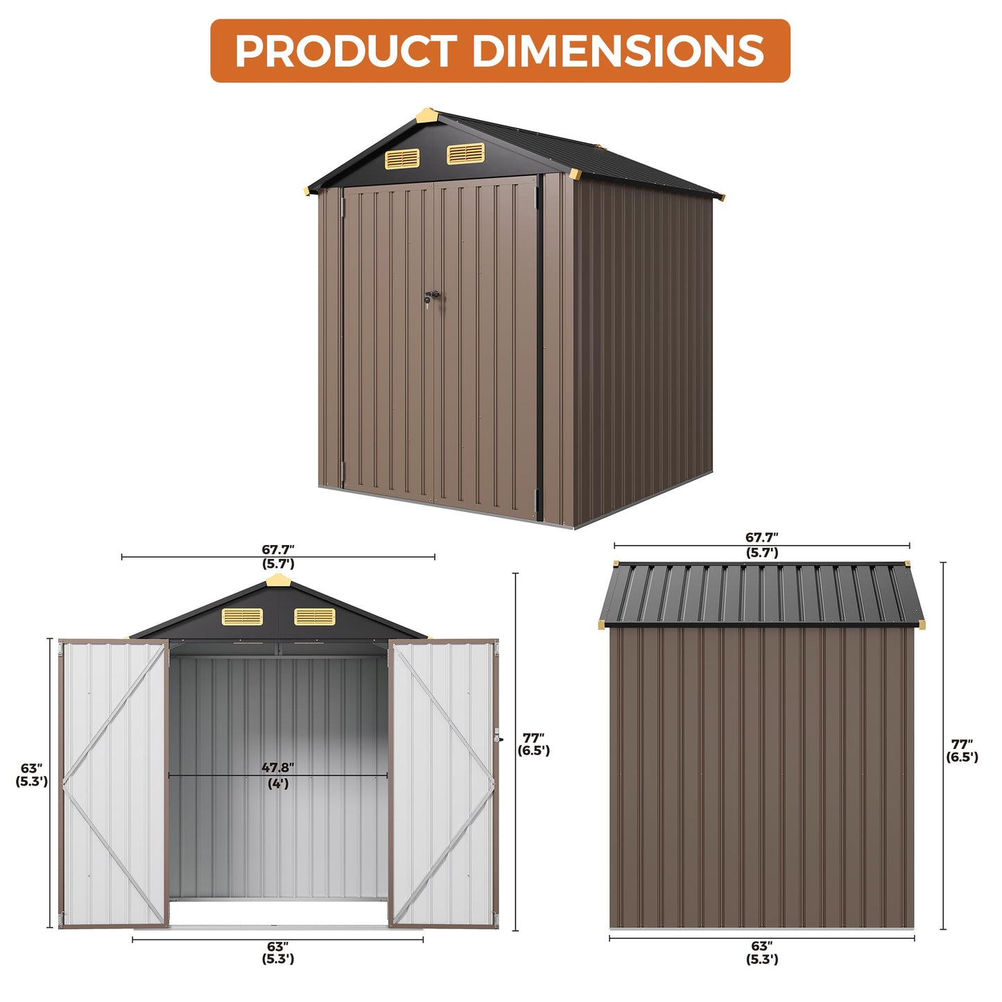 IRONCK 5.7x5.7FT Outdoor Storage Shed, Metal Garden Tool Shed with Breathable Vent and Lockable Doors, Outside Storage for Backyard, Poolside, Patio, Brown