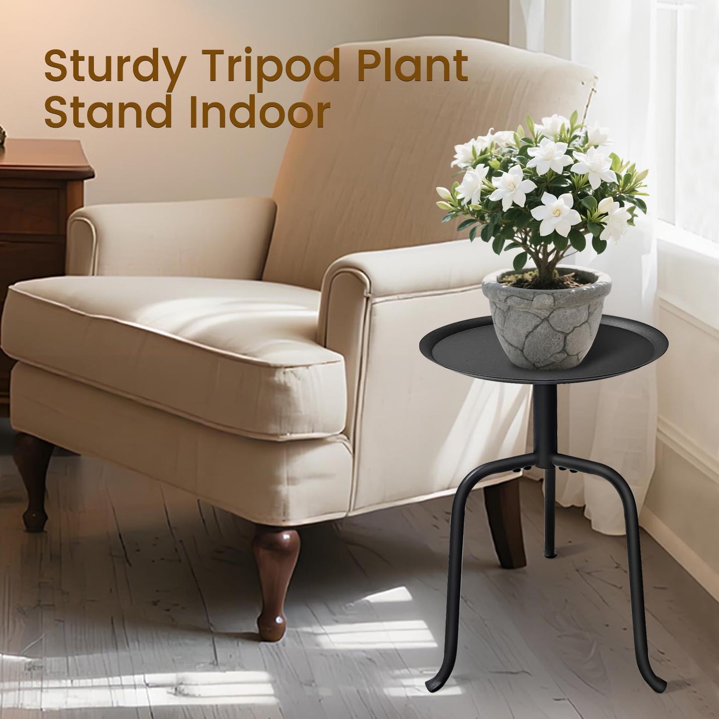 Uniqcovosa Plant Stand Indoor, Mid Century Single Plant Table, 3-Leg Minimalist Heavy Duty Metal Tall Flower Pot Stand, Modern Round Small Side End Table with Raised Design