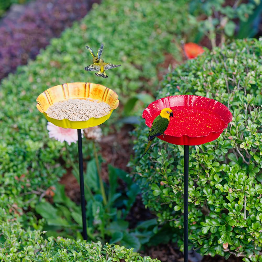 DREAMSOUL 2 PCS Bird Bath with Stake, Metal Bird Baths for Outdoors Garden Birdbath for Yard Garden Lawn Decor (Red & Yellow)