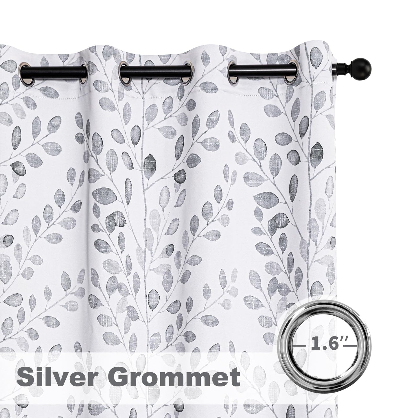 MYSKY HOME Bedroom Curtains 2 Panel Sets Thermal Insulated Curtains for Small Window Leaf Print Classical Room Darkening Drapes for Living Room, 52W x 63L Inch, Grey