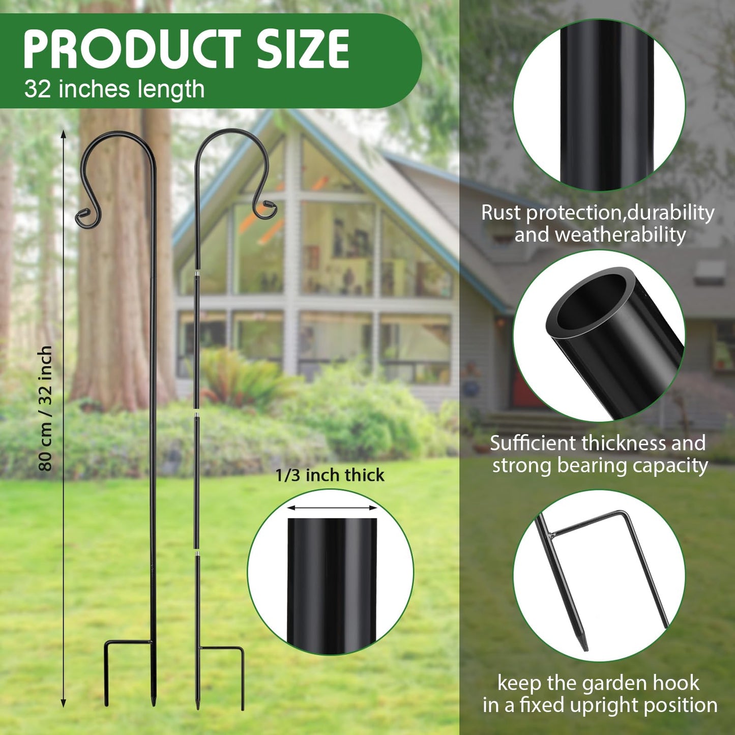 MorningRo 6 Pack Shepherd Hooks for Outdoor 32inch 1/3 Inch Thick Shepherd Metal Curled Garden Hook for Lanterns Hanging Plant Baskets Solar Lights Bird Feeders Wedding Decor, Black