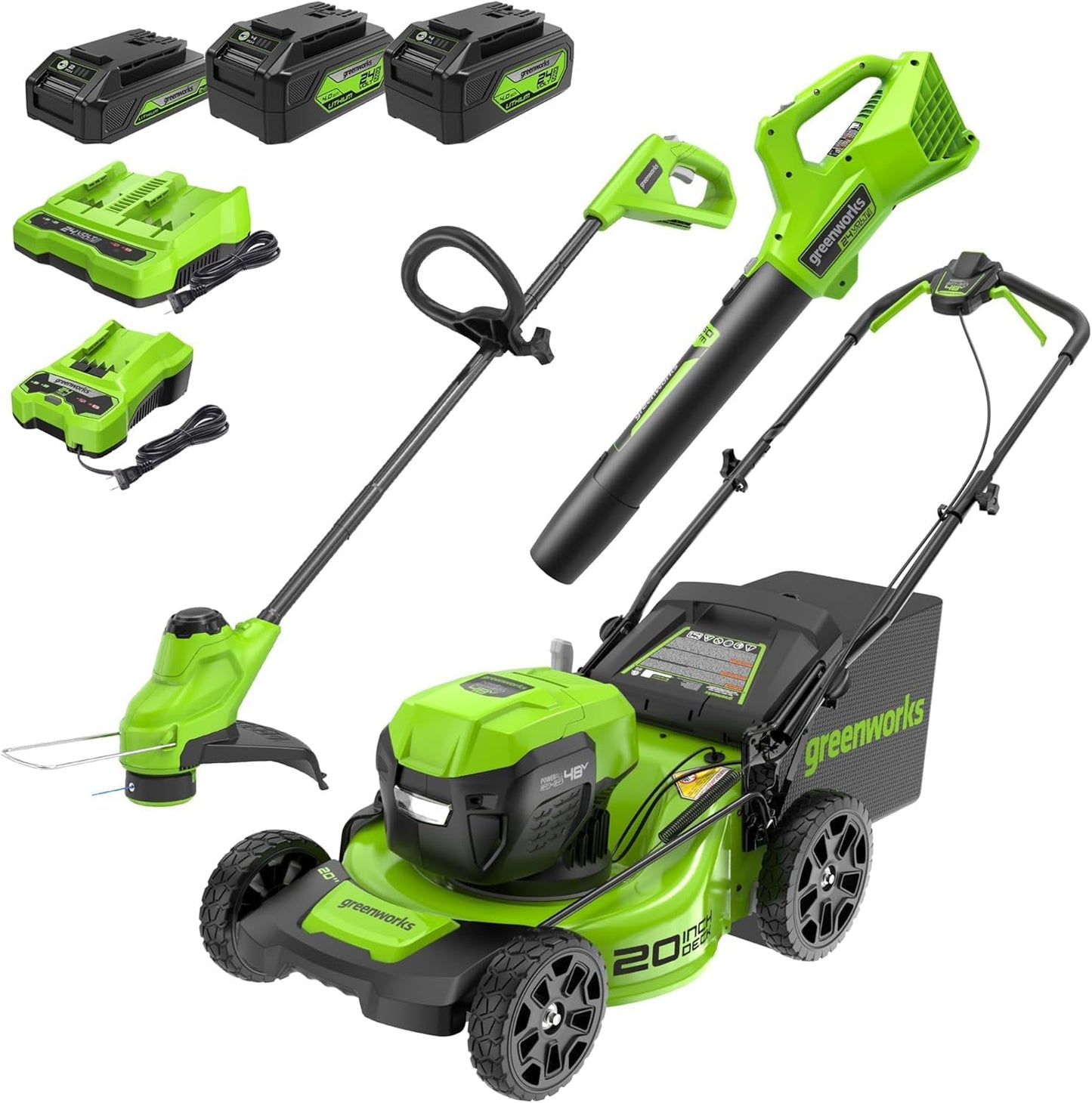 Greenworks 48V (24V x 2) 20" Cordless Battery Mower, 12" String Trimmer/Edger, & 320 CFM Blower Combo Kit w/ (2) 4.0Ah Batteries, (1) 2.0Ah Battery & Chargers