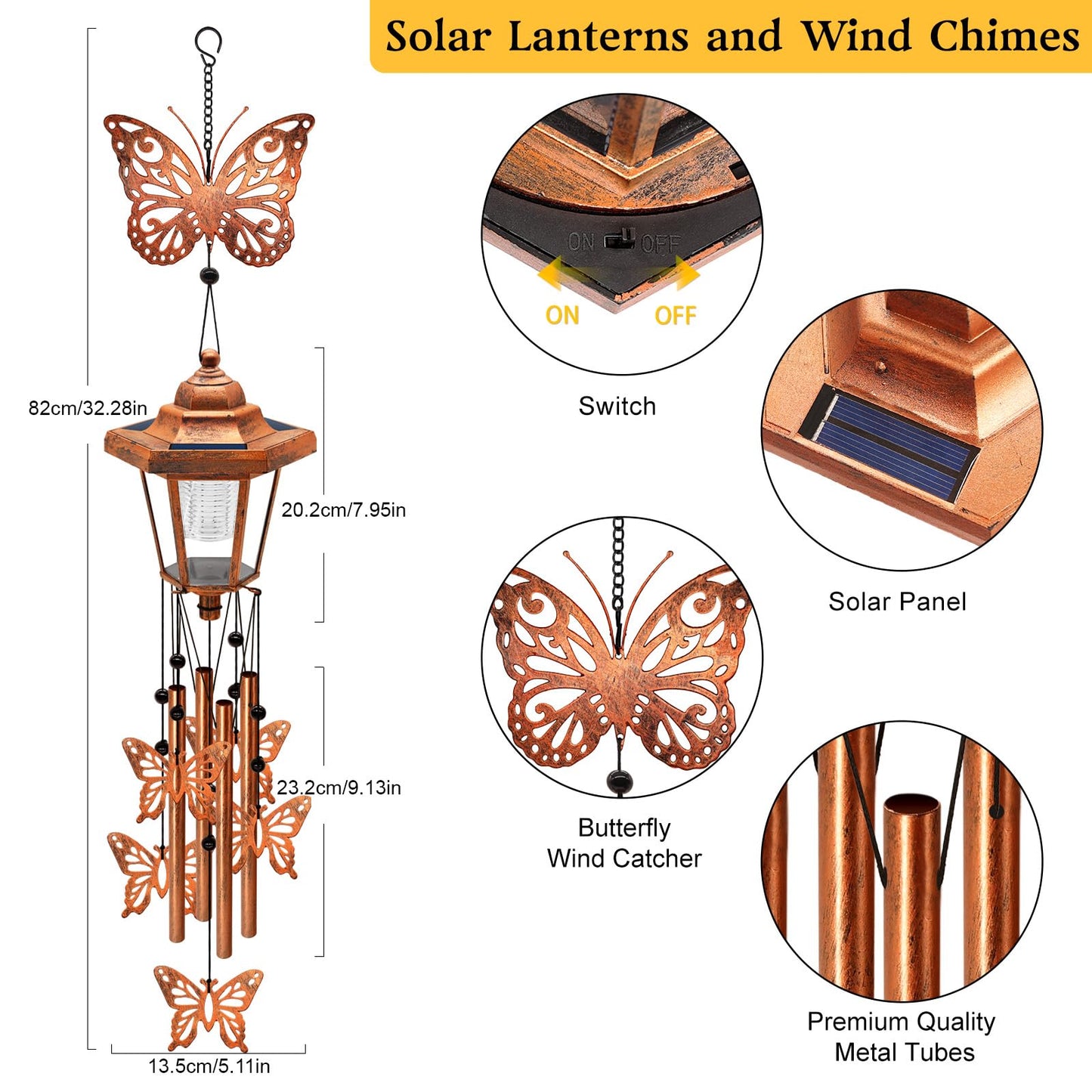 Large Solar Butterfly Wind Chimes, Gift for Women Mom Grandma Wife Sister Daughter Neighbor, Classic Bronze Wind Chimes With Wind Catcher, Solar Decor Lights For Outdoor Garden Patio Yard Porch Window