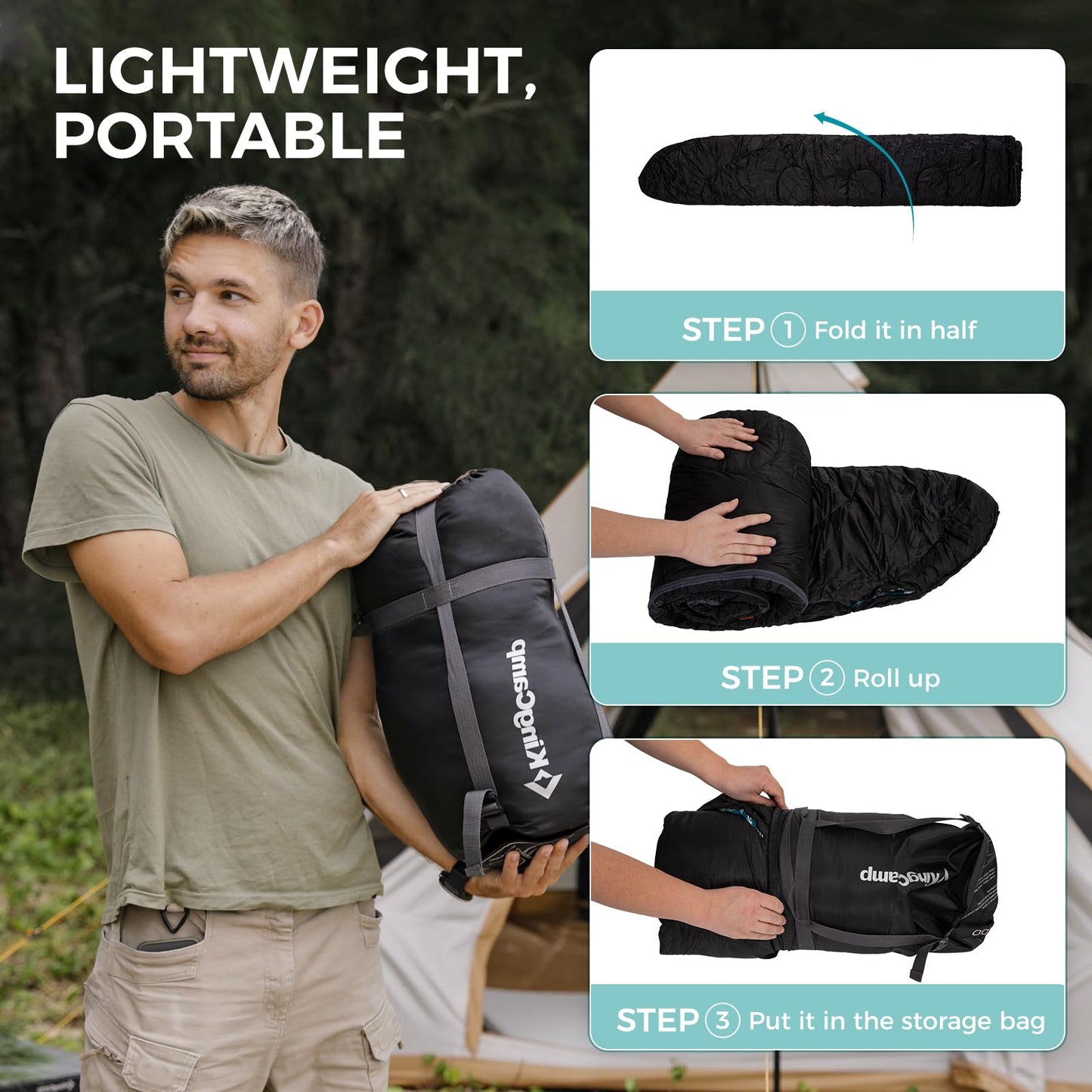 KingCamp Sleeping Bag for Adults, Cold Weather & Warm XL Big and Tall Flannel Sleeping Bags with Compression Sack Portable Waterproof Essentials Gear Accessories for Outdoor Camping (Black Right)