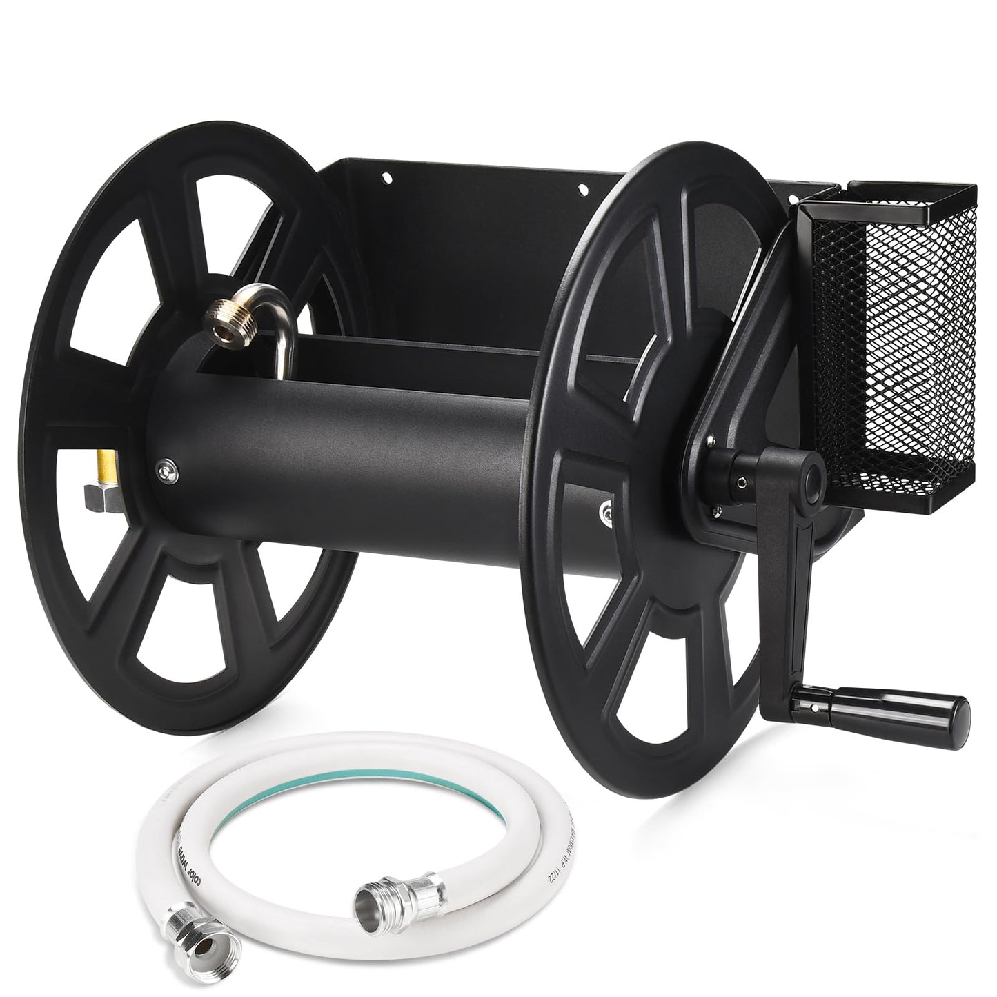 GADFISH Garden Wall Mounted Hose Reel, Metal Hose Reel, Holds 125ft of 5/8-Inch Hose(Not equipped), Equipped with 3.9ft Water Supply Hose and Small Storage Basket, Suitable for Gardens & Yards