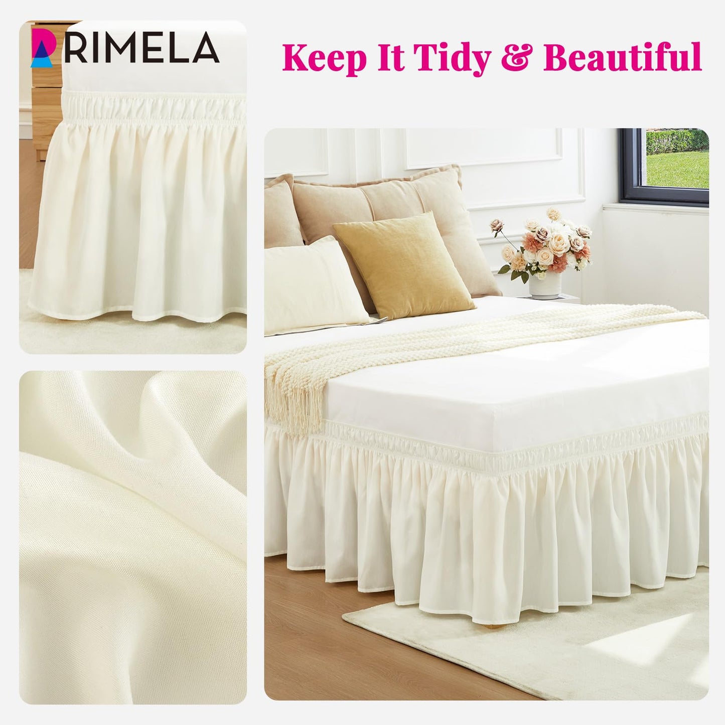 RIMELA Cream Bed Skirt Queen Size 15 Inch Drop, Elastic Bed Skirting for Bed Base and Frame, Bedding Dust Ruffle Easy to Install, Lightweight Wrap Around Adjustable Bedskirt