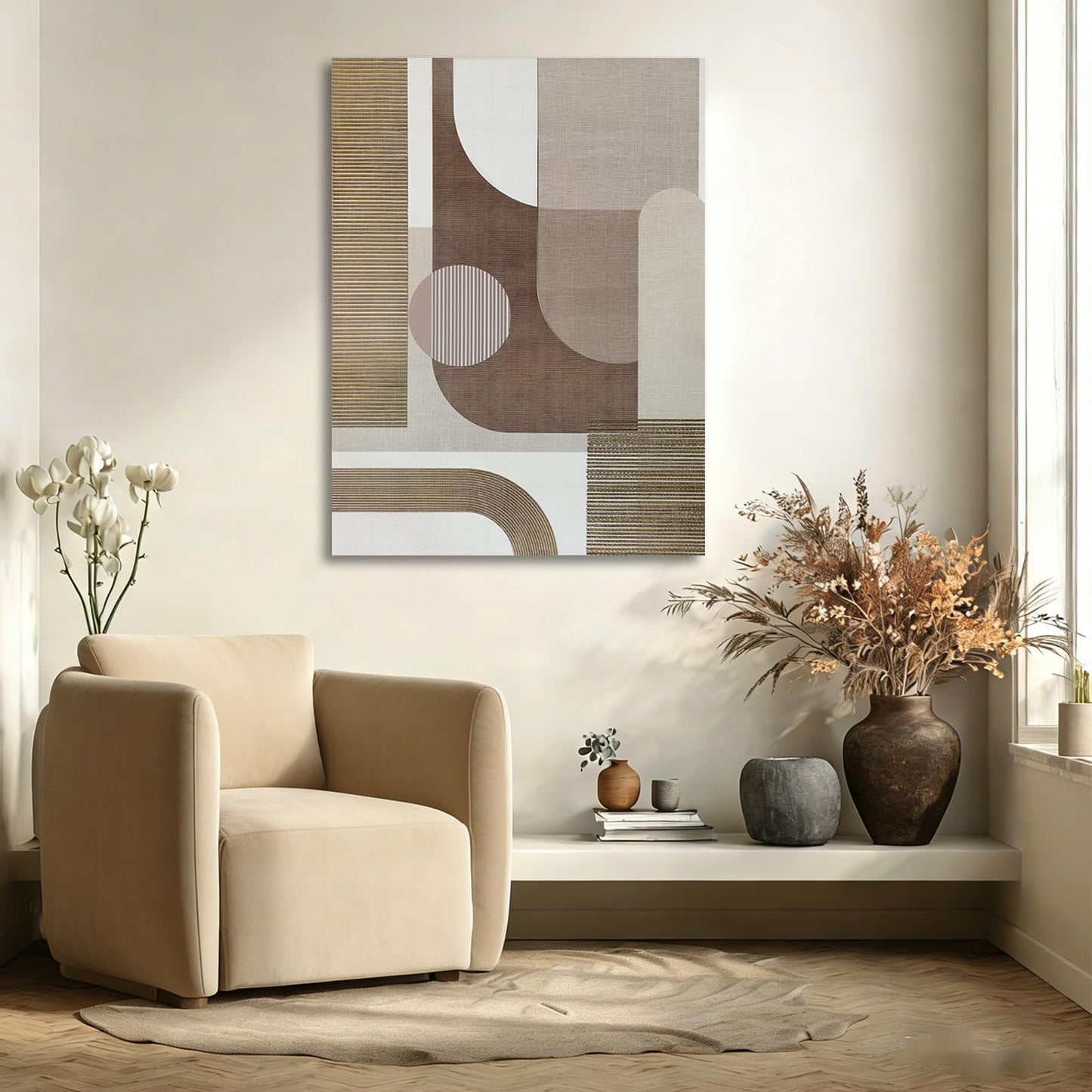 ZENPEE Neutral Beige/Taupe Geometric Wall Art, Minimalist Abstract Canvas Print, Framed & Ready to Hang, Modern Decor for Living Room and Bedroom, 32 x 24 Inches