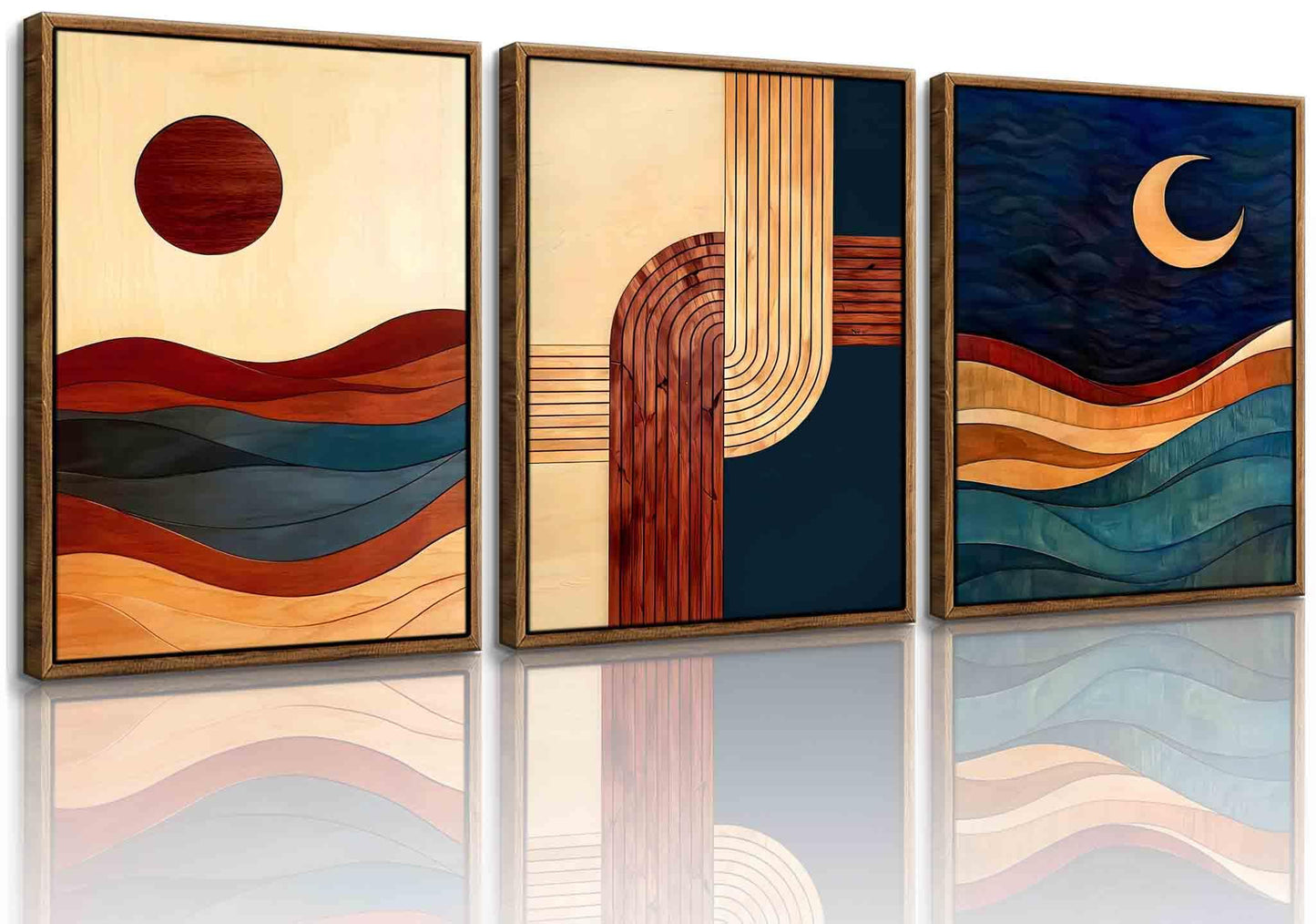【3-Piece】 16x24 Inch Framed Sun & Moon Modern Abstract Wall Art - Boho Mid-Century Geometric Canvas Decor for Living Room
