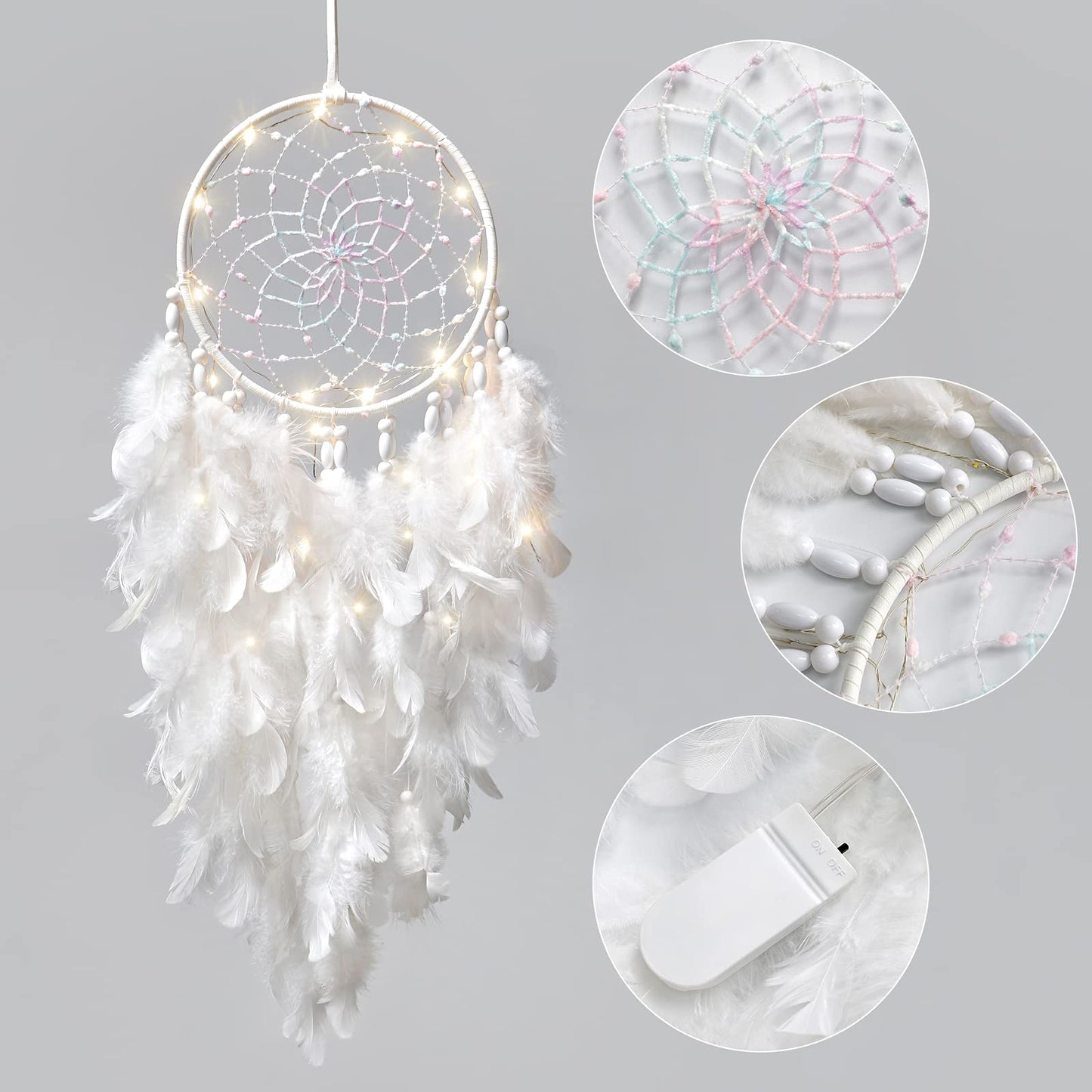 Dremisland White Feathers Dream Catcher Wall Hanging Elegant Wall Art Room Decoration for Windows Balcony Bedroom Wedding Party Gift for Girls and Kids (with Lights)