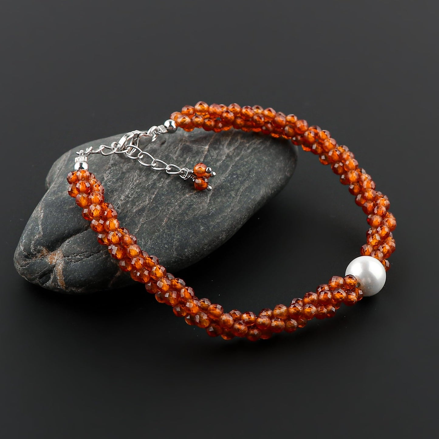 CRYSTALIS Natural Hessonite Garnet Beads Twisted Rope Bracelet with Elegant Pearl, High Grade Gemstones, Chakra Healing Stones, Gift Giving Womens Jewelry, 925 Sterling Silver Bracelet 8 inch