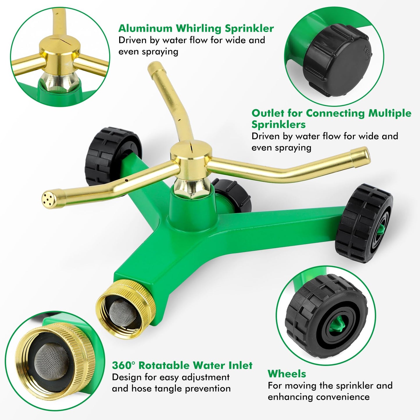 [2 Pack] RESTMO 3-Arm Metal Sprinkler with Wheel Base, 360 Degree Automatic Rotary Lawn Sprinkler System for Garden Plant, Flower Bed and Yard Watering and Large Yard Area Watering