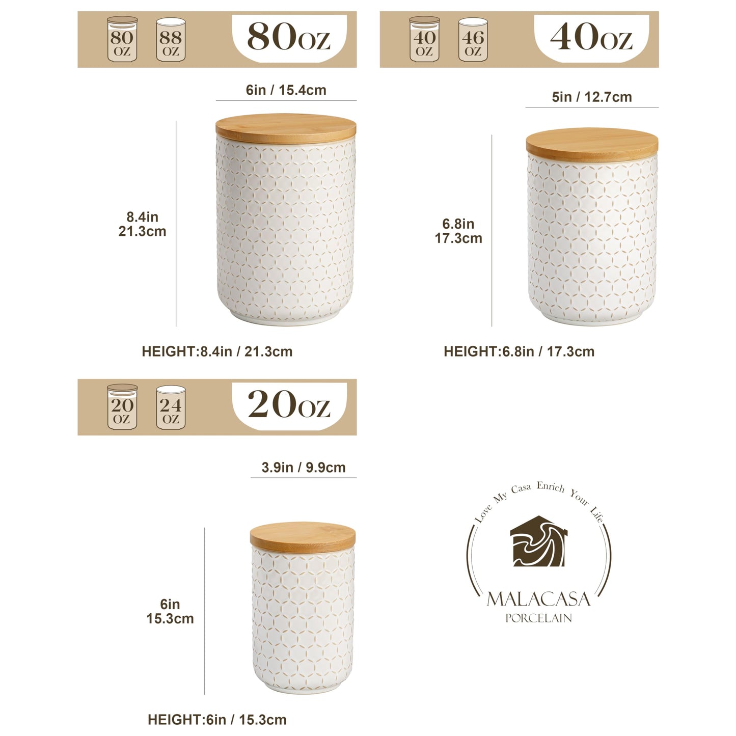 MALACASA LYDIA Ceramic Canisters Set with Airtight Lids, 80/40/20 oz Coffee Canisters Sets for the Kitchen, Large Jars for Flour, Sugar, Pasta, Coffee, Cookies, Tea - Set of 3, Hexagon