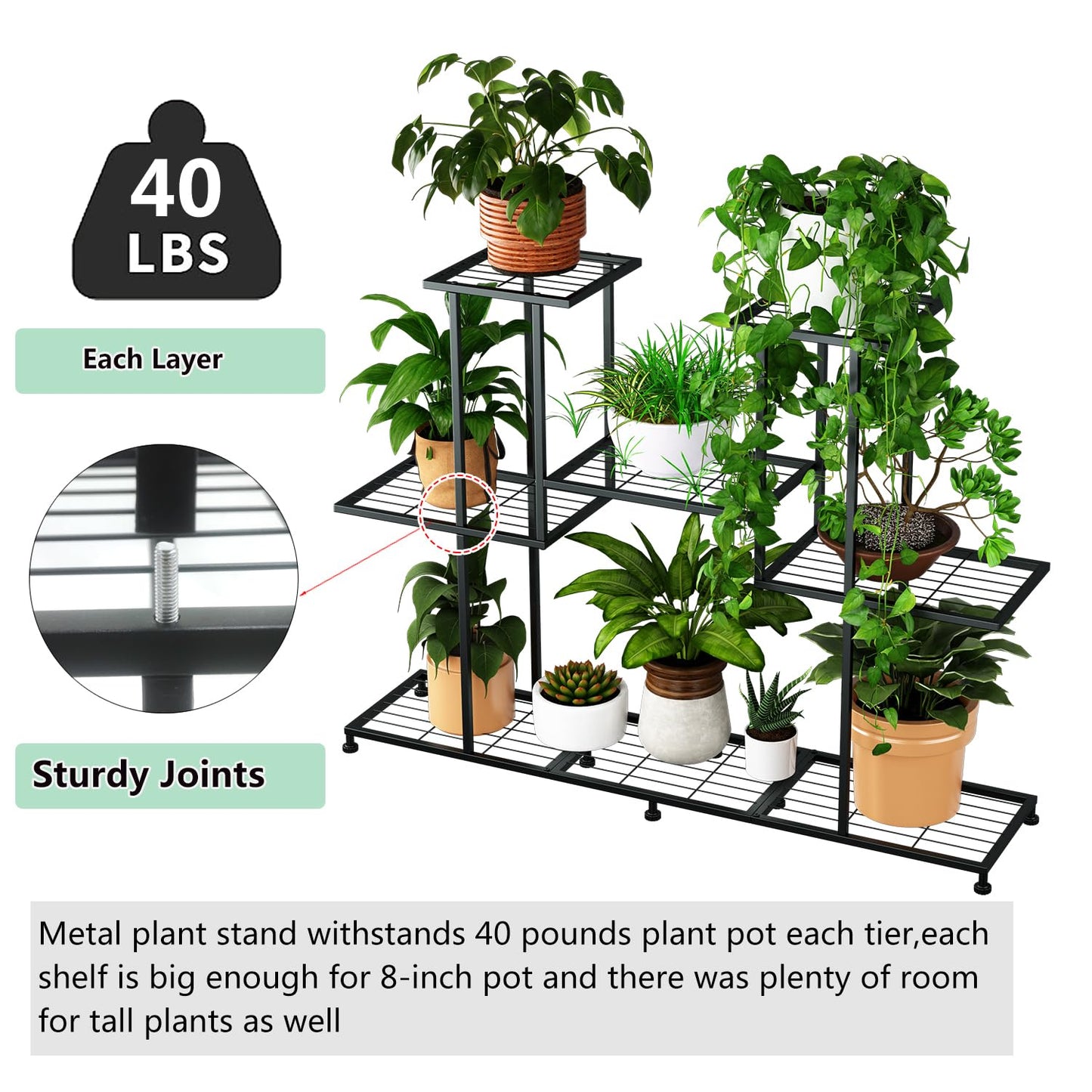 Twhep Metal Plant Stand, 5 Tiers Multifunctional Plant Stands for Indoor Plants, Decorative Black Steel Plant Shelf for Indoor Patio Garden Balcony and Yard (4 tiers 12 pots)