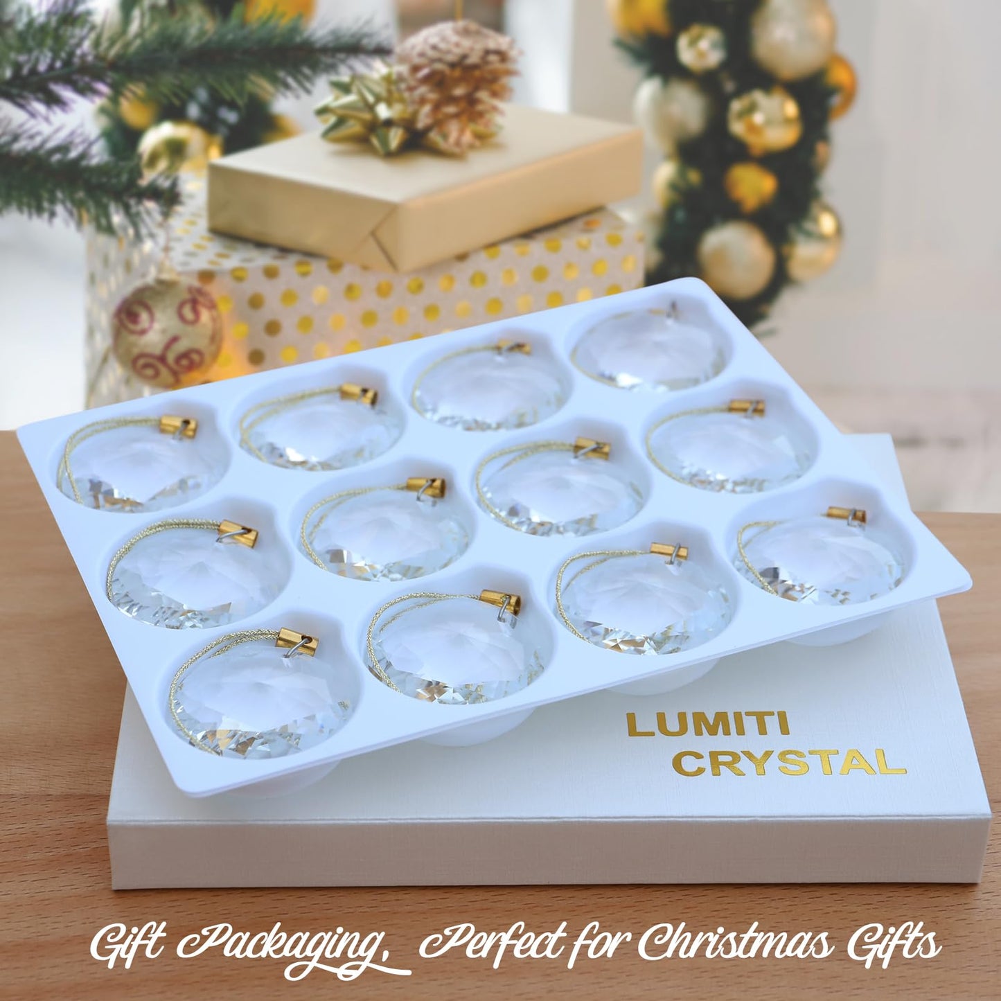 LUMITI 12 Pcs Crystal Glass Christmas Balls Ornaments, 1.18″ Mini Round Prism Flower Xmas Tree Decorations, Hanging Ornament for Wedding Party Home Decor (Crystal Clear)