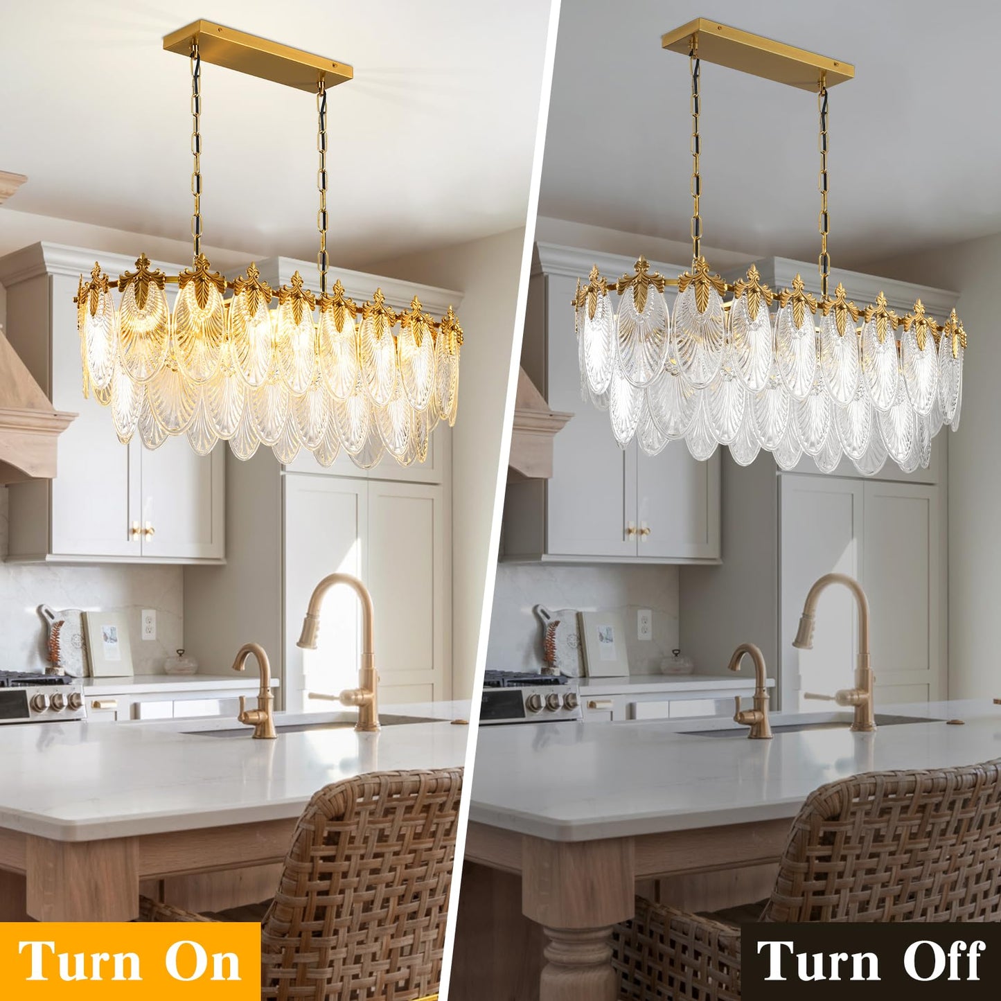 KELUOLY Rectangular Crystal Glass Dining Room Chandelier, 8 Light Gold Chandeliers Lighting Fixture, L33.5'' Height Adjustable Oval Ceiling Pendant Light for Office Coffee Over Table Kitchen Island
