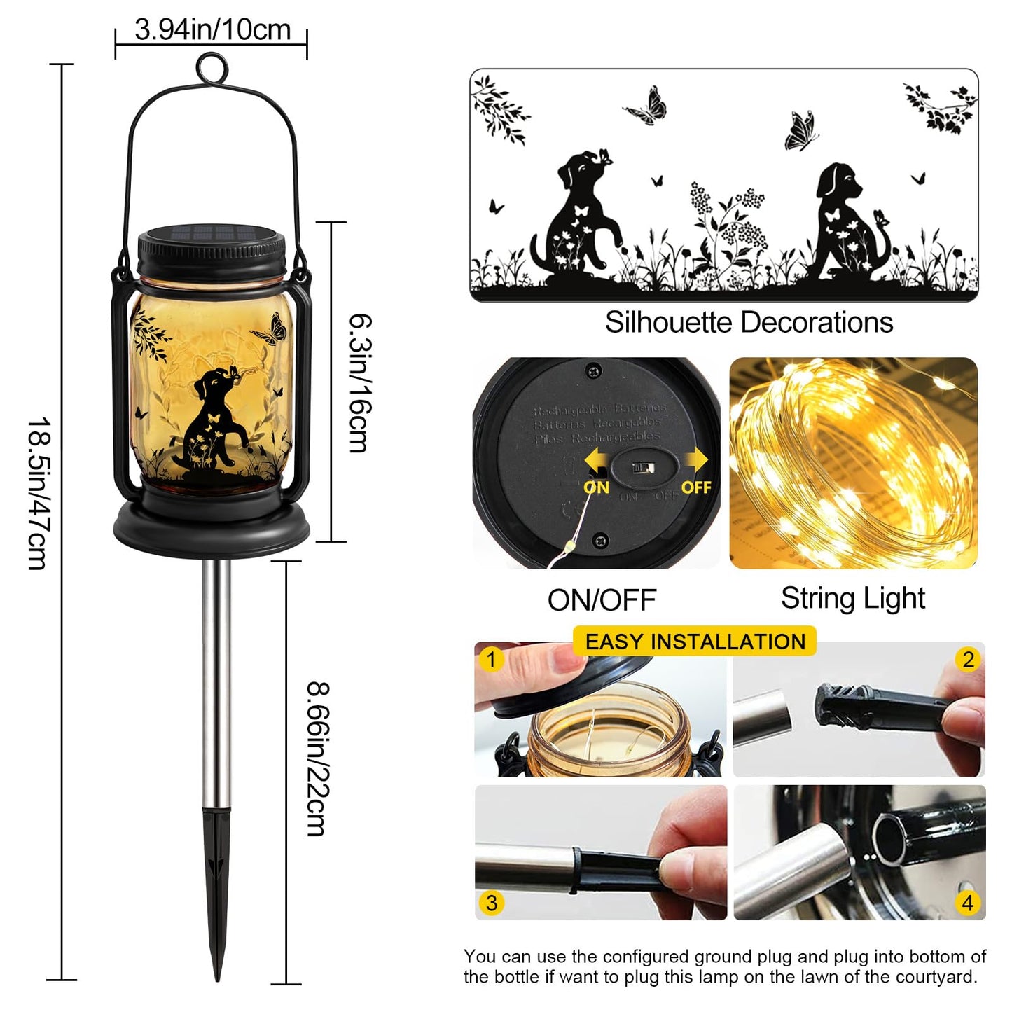 Dog Solar Lanterns, Outdoor Hanging 3in1 Solar Lantern with Stake, Mother's Day Birthday Gifts for Mom Women Grandma Dog Lover, Dog Butterfly Mason Jar Waterproof LED Lights for Yard Lawn Garden Decor
