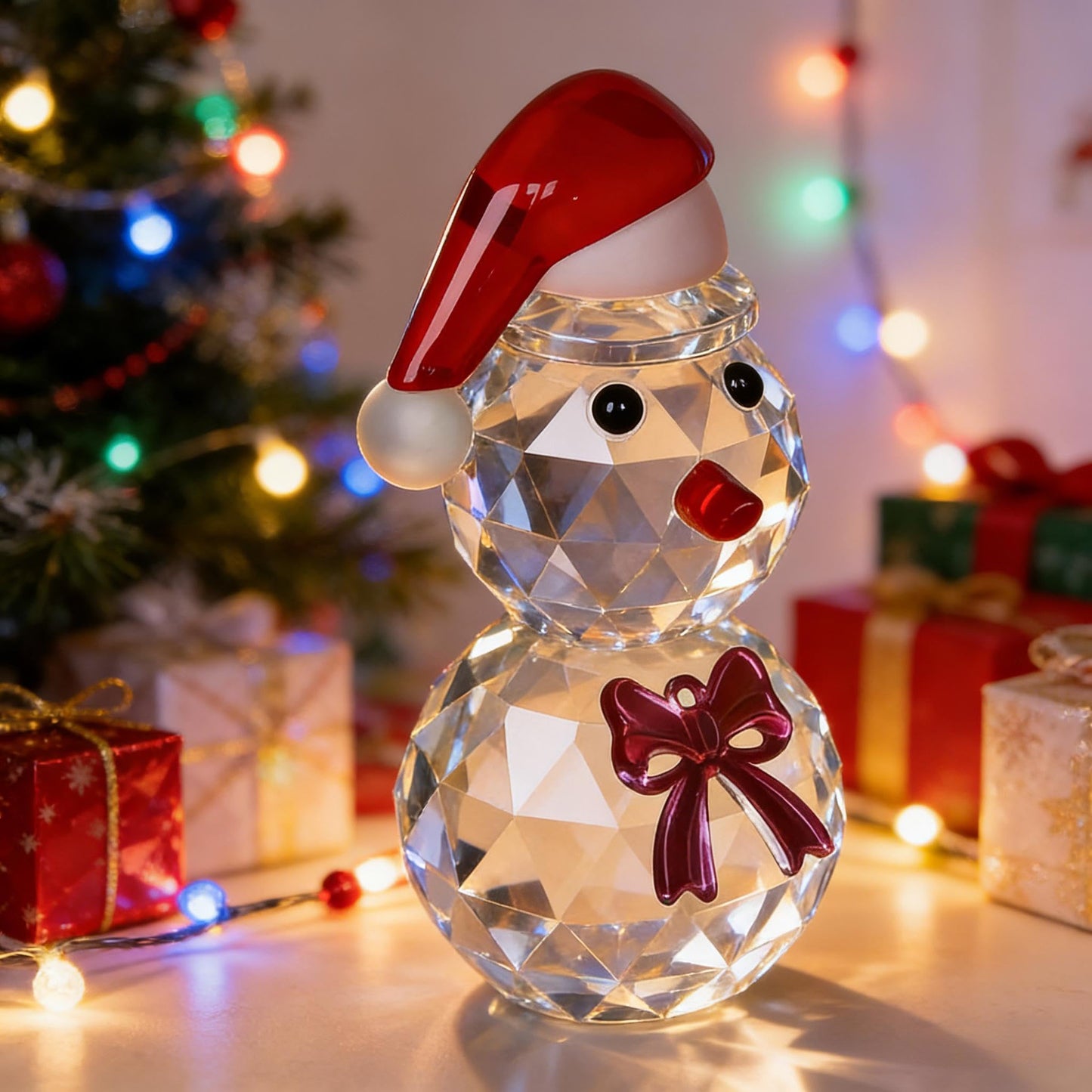 vskikris Christmas Snowman Figurine - Sparkling Crystal Snowman Figurine Decorations Christmas Glass Figurine Ornament with Red Hat, Festive Table Decor Xmas Gift & Collectible Paperweight
