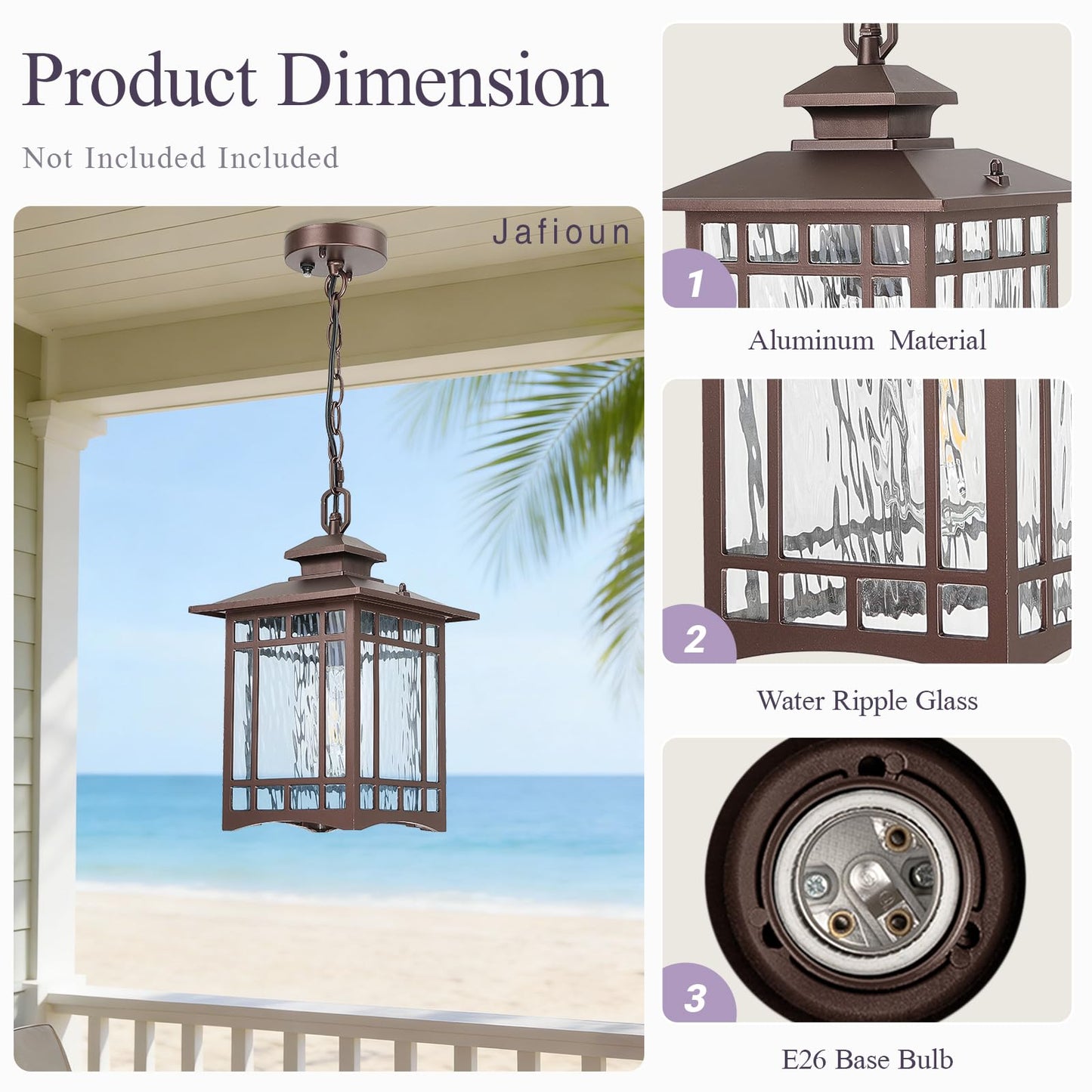 Dusk to Dawn Outdoor Pendant Light, 15 Inch Large Square ORB Oil Rubbed Bronze Exterior Hanging Lantern, Waterproof Anti-Rust Aluminum Outdoor Light with Water Ripple Glass for Porch Patio Entryway