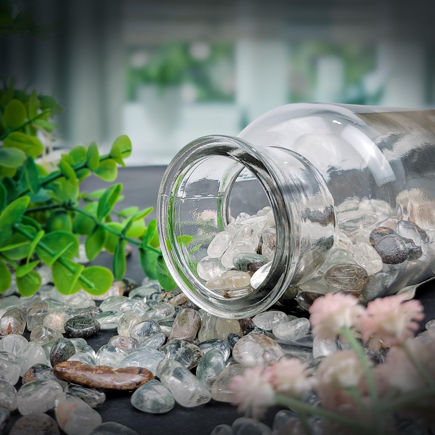 1.8lb Tumbled Chips Green Phantom Quartz Bulk Tumble Polished Crystals Succulent Pebbles Decorative Stones for Aquarium Fish Tank Vase Filler DIY Crafts Home Decorations (Green Phantom Quartz)