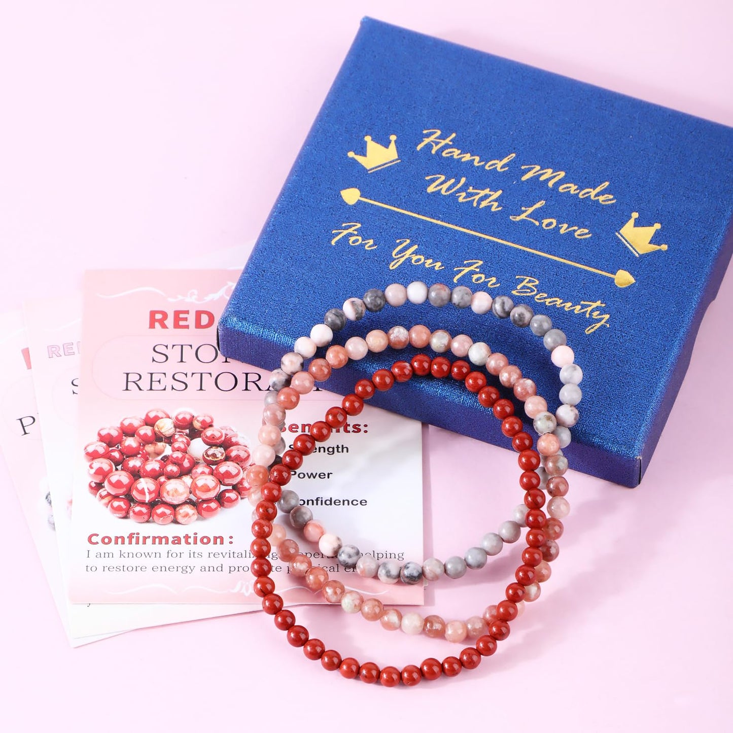 CMBYN 3-Pieces 4mm Natural Crystal Gemstone – ﻿Pink Zebra, Red Jasper, Red Plum Blossom Stone Handmade Reiki Energy Healing Stretch Bracelets Jewelry for Yoga, Meditation, Unisex