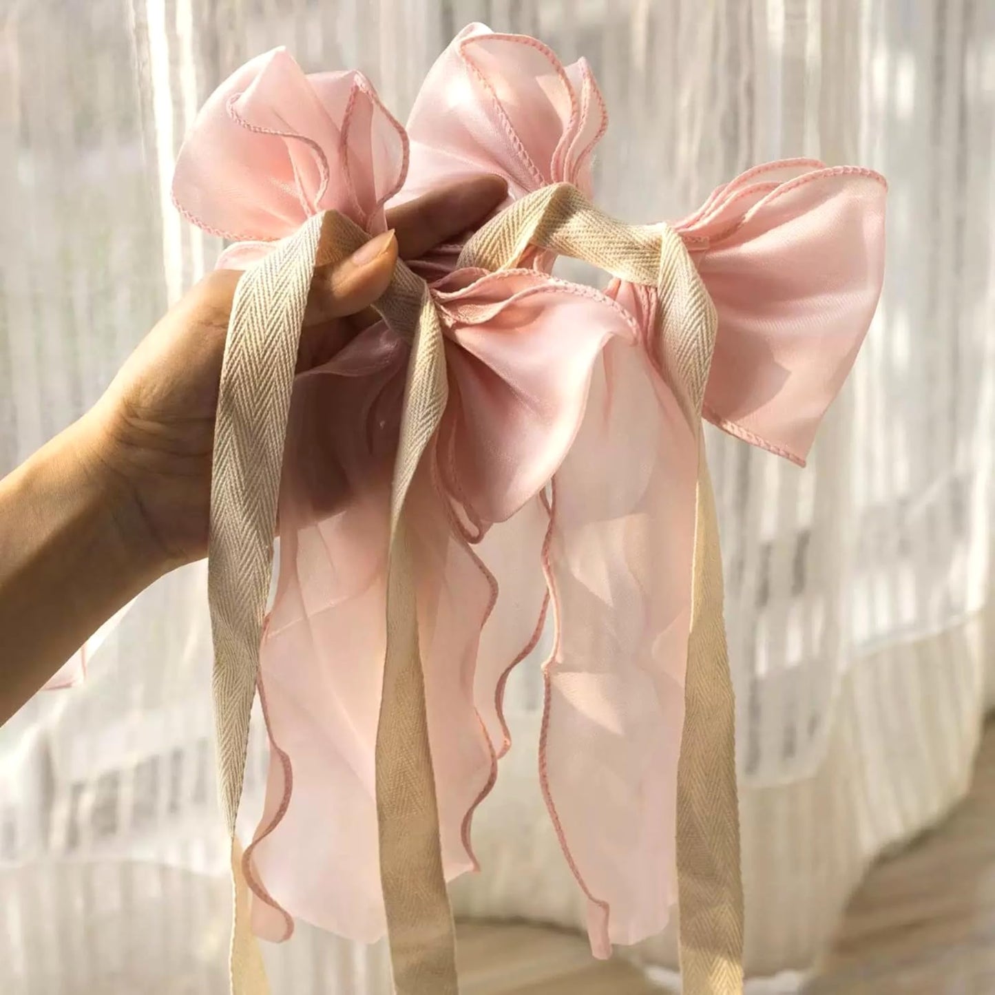 2 Pack French Silky Bow Curtain Tiebacks, Elegant Lace Ribbon for Curtains Decorative Rope Accessories Home Décor (Pink,2)