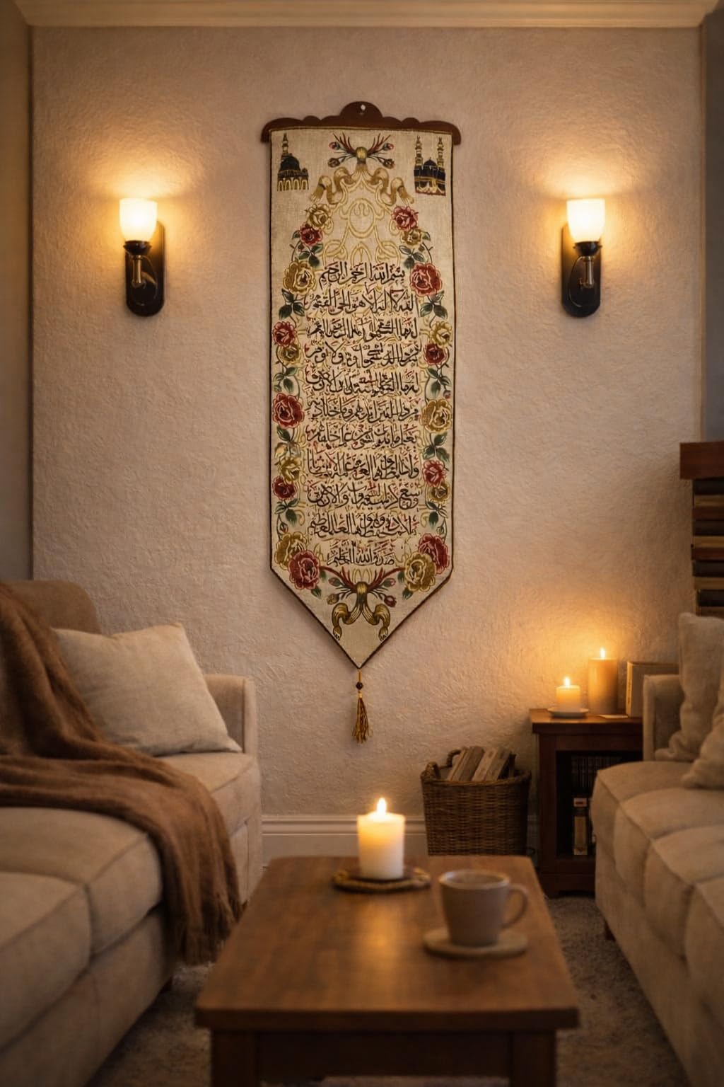 Islamic Wall Hanging with Arabic Calligraphy and Floral Design, Decorative Muslim Wall Décor for Living Room, Bedroom, or Prayer Space, 3'11" x 1'1"
