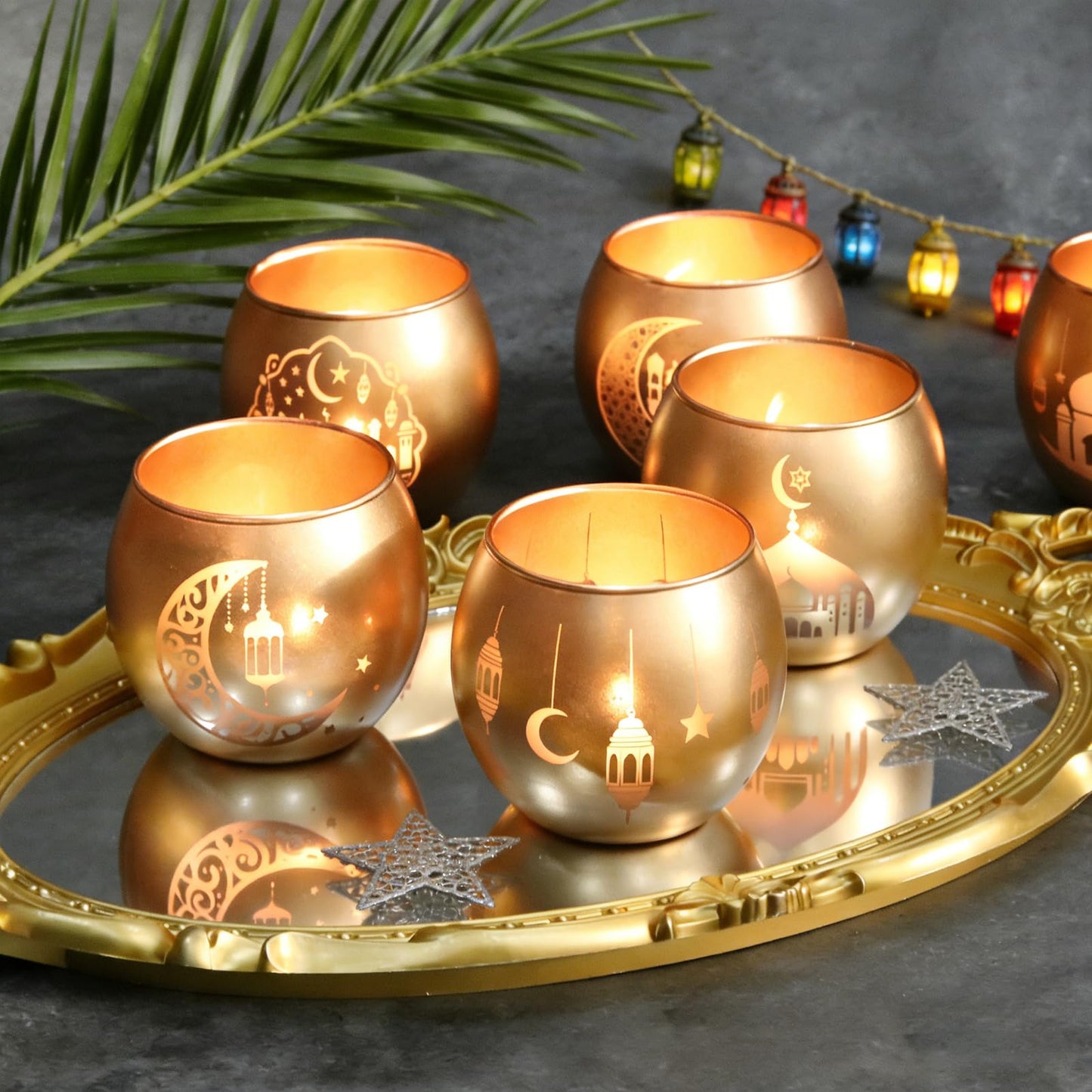 Gold Ramadan Decorations for Home Set of 6, Mosque & Crescent Moon Glass Tealight Candle Holders, Star & Lantern Votive Holders for Ramadan Table Decor, Elegant Eid Mubarak Islamic Gifts