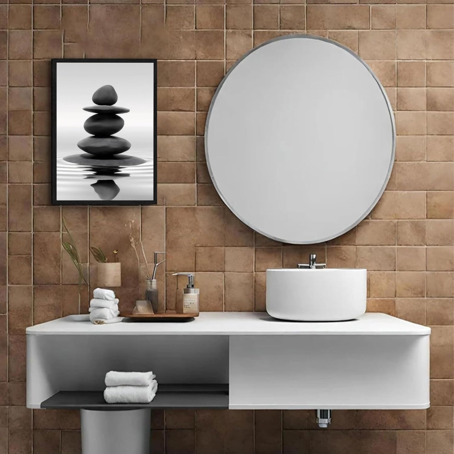 DCMVJHZV Framed Black and White Bathroom Wall Art Zen Stones in the water Bathroom Wall Art Yoga Meditation Picture Wall Decor Spa Room Bedroom Living Room Wall Painting Print (12"x16")