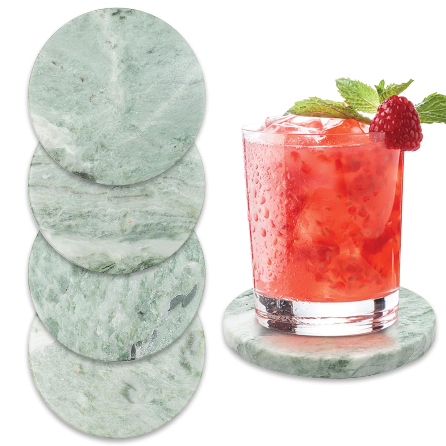 Green Marble Drink Coasters, Natural Stone Coasters - Set of 4, Elegant Home Decor