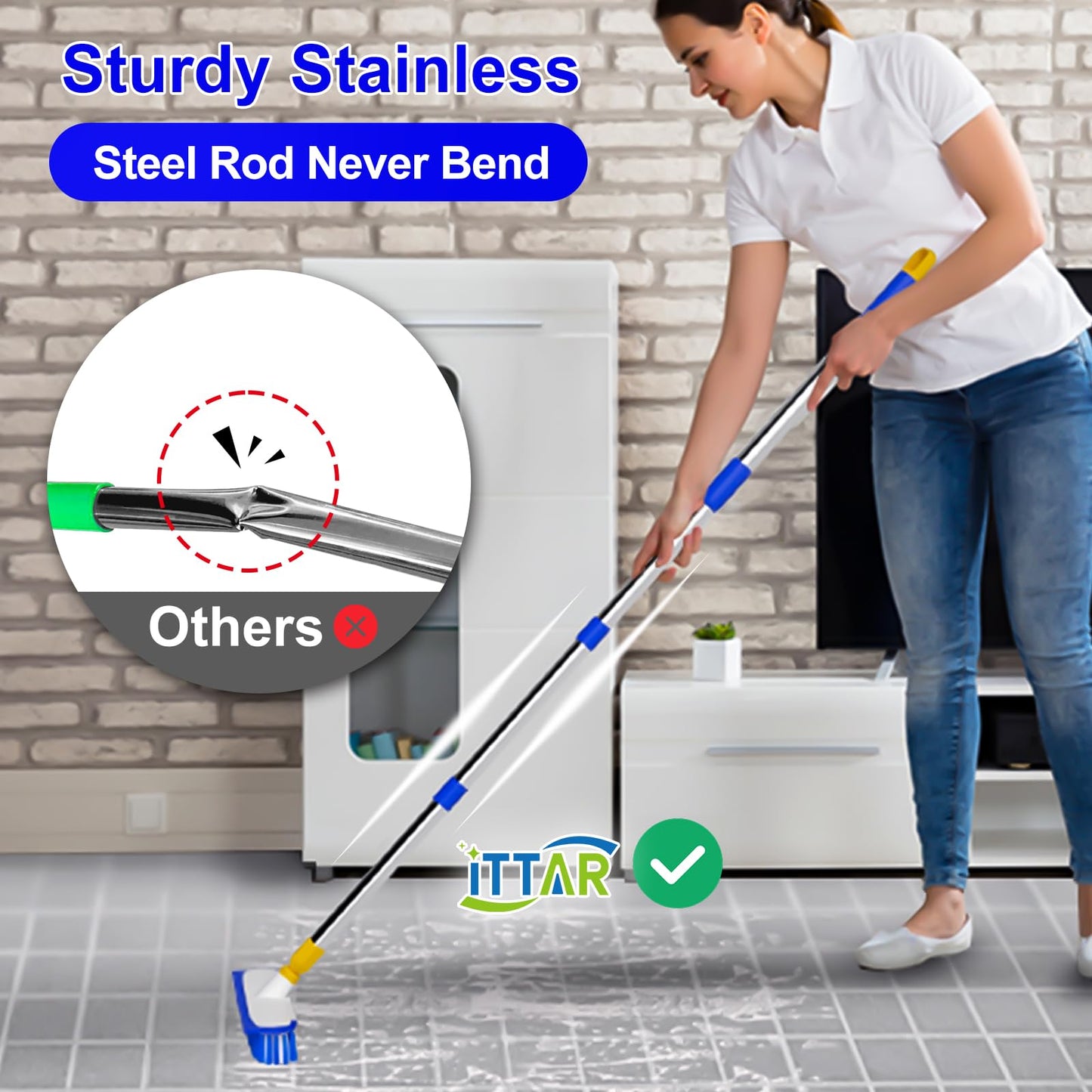 ITTAR 55" Extendable Floor Scrub Brush, 12" Wide Heavy-Duty 2-in-1 Scrub & Squeegee Deck Brush for Tile Grout Shower Floor, Kitchen, Restaurant, Patio & Garage Cleaning