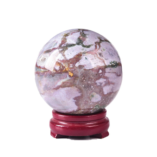 JIC Gem Ocean Jasper Crystal Ball with Wooden Stand Healing Crystal Sphere Ball for Feng Shui Decor Spiritual Gifts 70-80mm