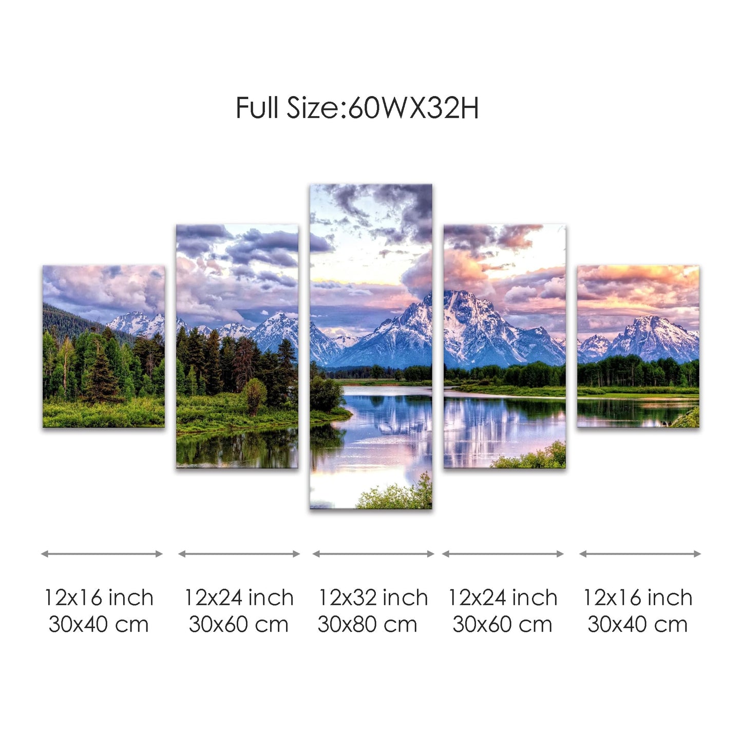 SKASNFAI 5 Pieces Mountain Grand Teton Canvas Paintings Nature Scenery Pictures Posters American National Park Landscape Wall Art Framed Decor Ready to Hang (60Wx32H)