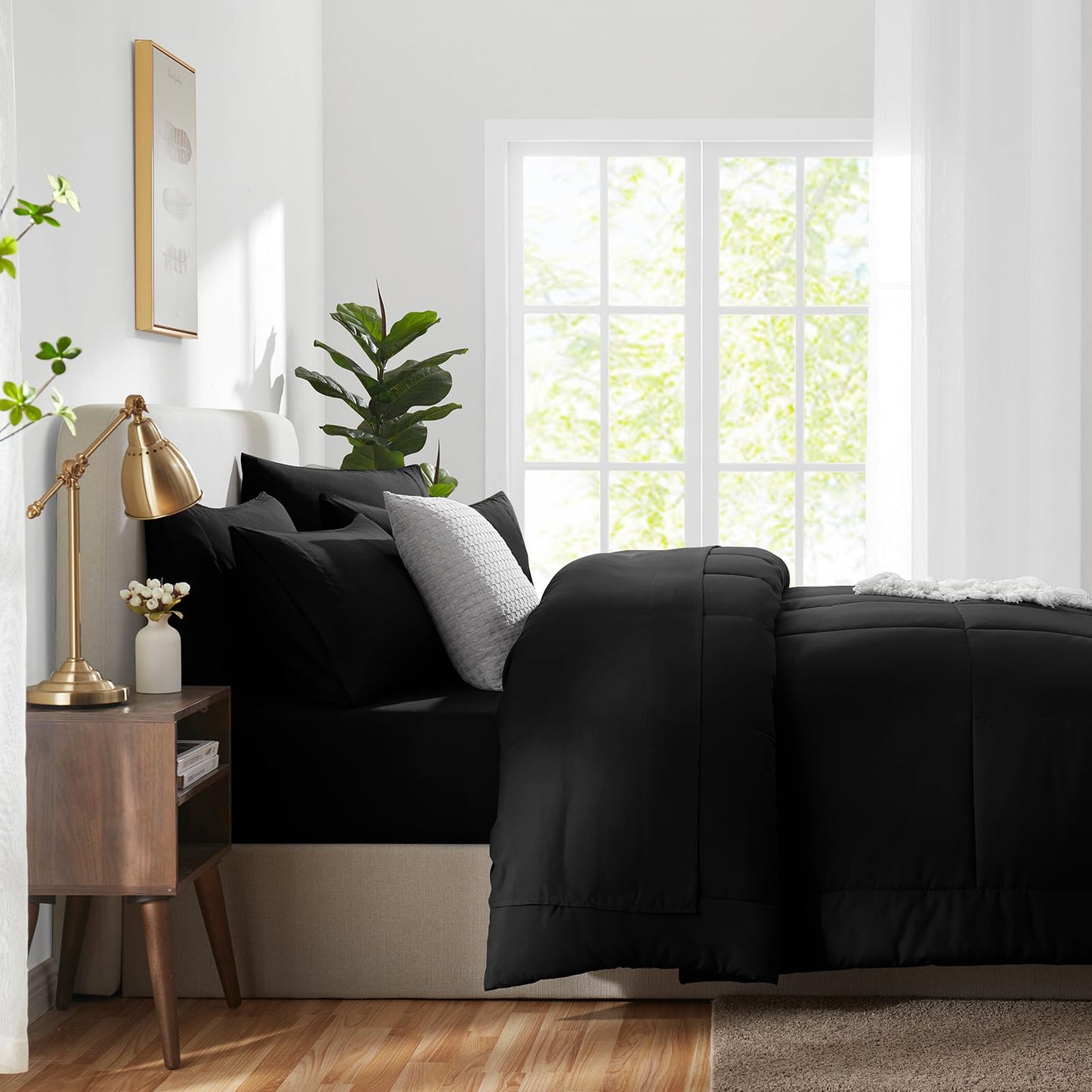 CozyLux Queen Comforter Set Black, 7 Pieces Bed in a Bag, Black Comforter Queen Size, All Season Bedding Sets with Stitch Quilted Comforter, Flat Sheet, Fitted Sheet, Pillowcases