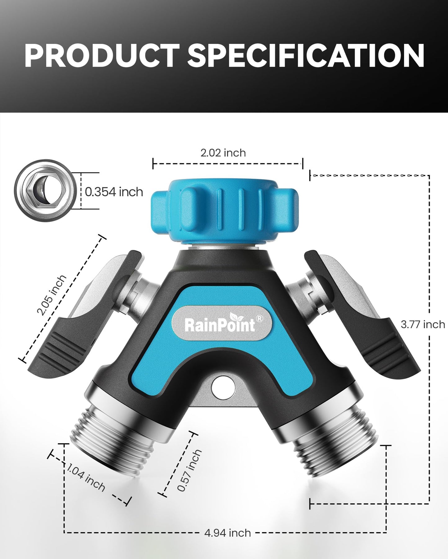 RAINPOINT Garden Hose Splitter 2 Way, All Metal Heavy Duty Water Hose Y Splitter With 2.05" Extra Long Side Handle & Shut Off Valves, 3/4 Inch GHT Thread Connector For Outdoor Spigot Faucet (Blue)