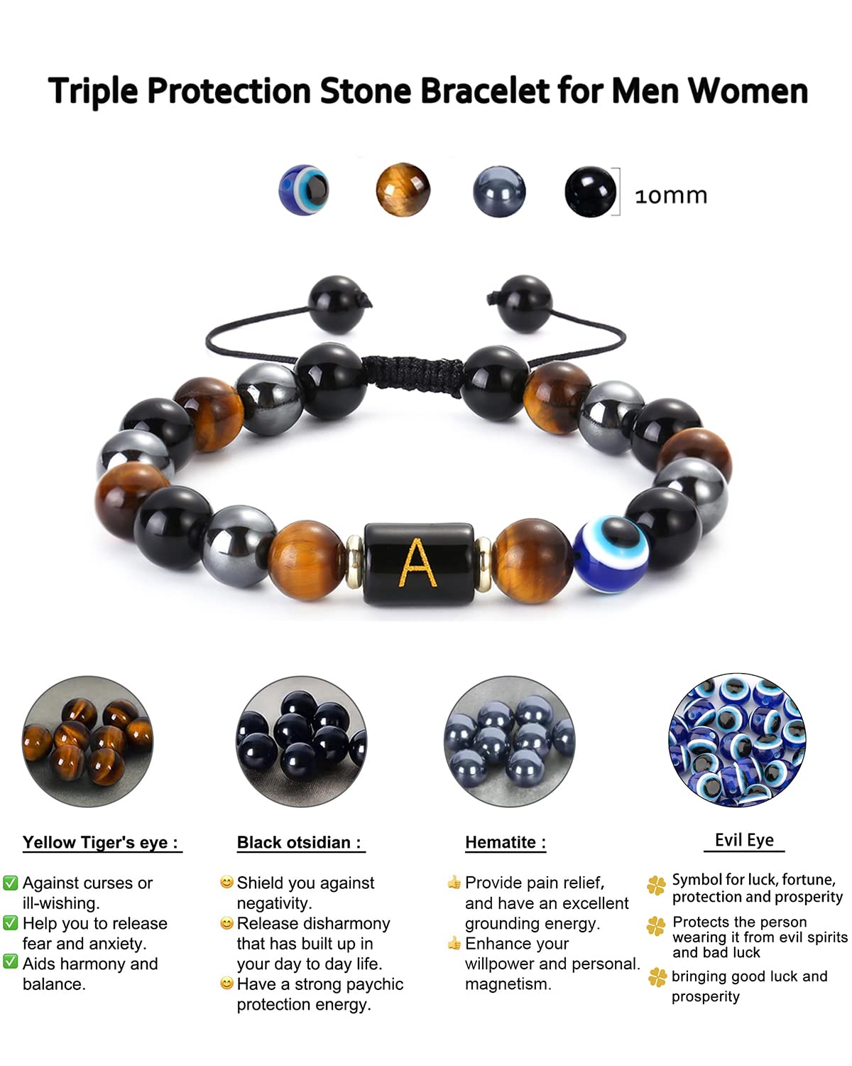 Dayka Initial Triple Protection Bracelet for Men,Black Evil Eye Tiger Eye Hematite Obsidian Good Luck Healing Crystal Stones Mens Bead Bracelet Jewelry Gift (F initial bracelet, Triple Protection)