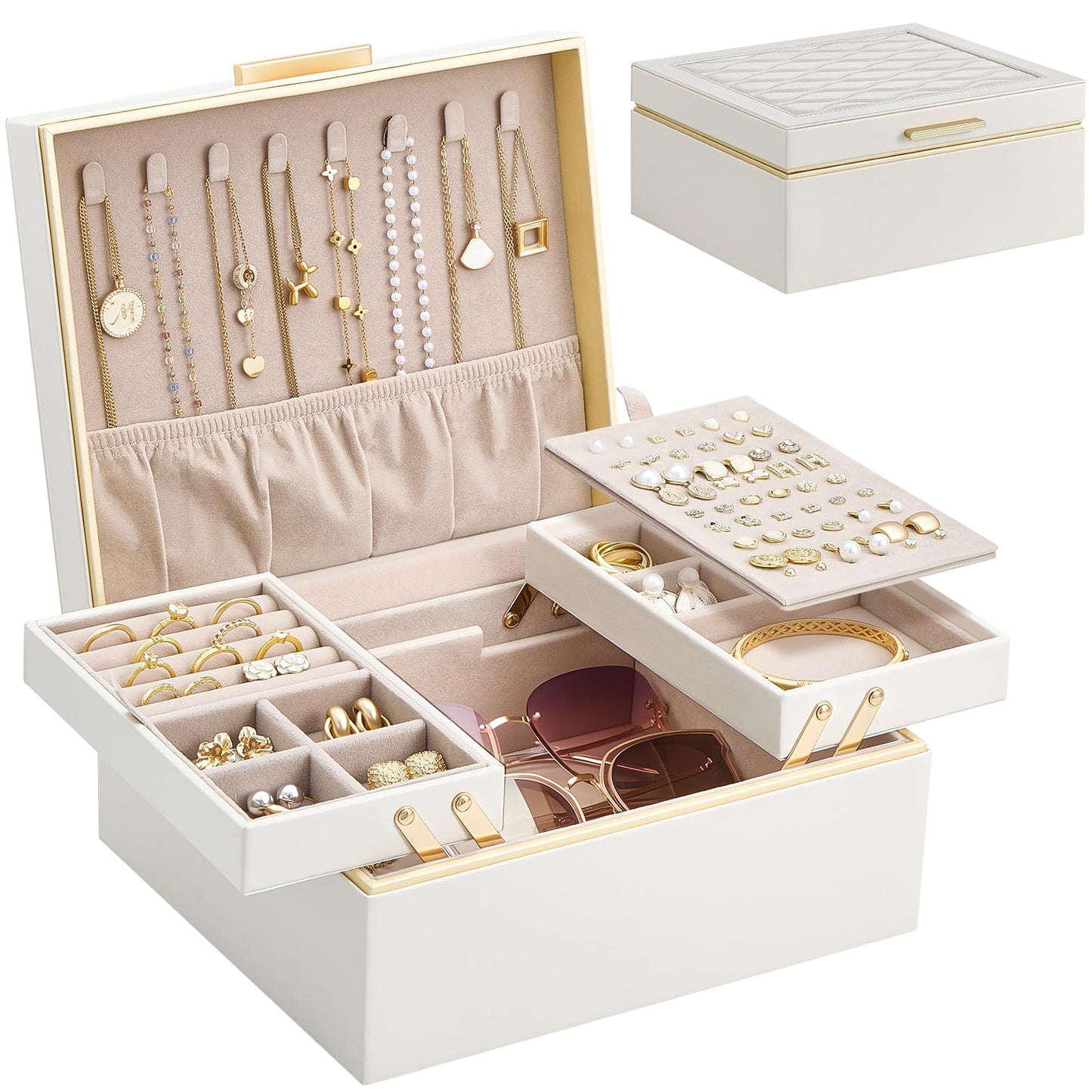Lolalet Jewelry Box Organizer for Women Girls, 2 Layer Jewelry Organizers and Storage for Necklace Earrings Rings Bracelets, Large Jewellery Holder Case Birthday Valentine Gifts -Cream