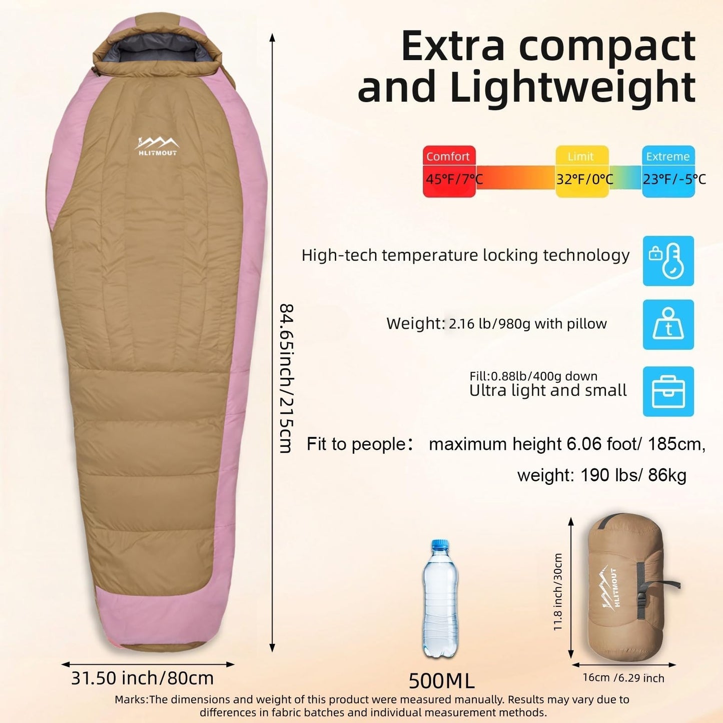 HLITMOUT Down Sleeping Bag for Backpacking with Pillow,15°F 32°F 45°F Ultralight Compact Mummy Sleeping Bag with 680FP Duck Down for Woman,Kids,Teens Camping and Hiking Outdoor