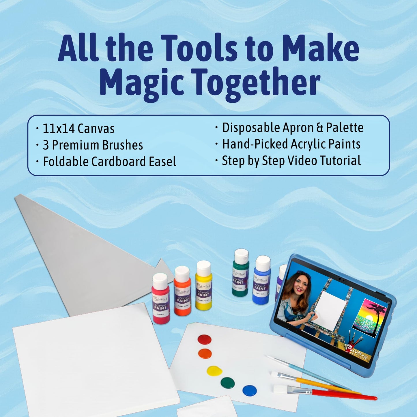 Painting to Gogh - Where the Sky Meets the Sea – Junior Artist Painting Kit – Ages 6+ – 11x14 Canvas, 3 Paint Brushes, Acrylic Paint, Cardboard Easel, Palette, Apron & Step-by-Step Tutorial for Kids