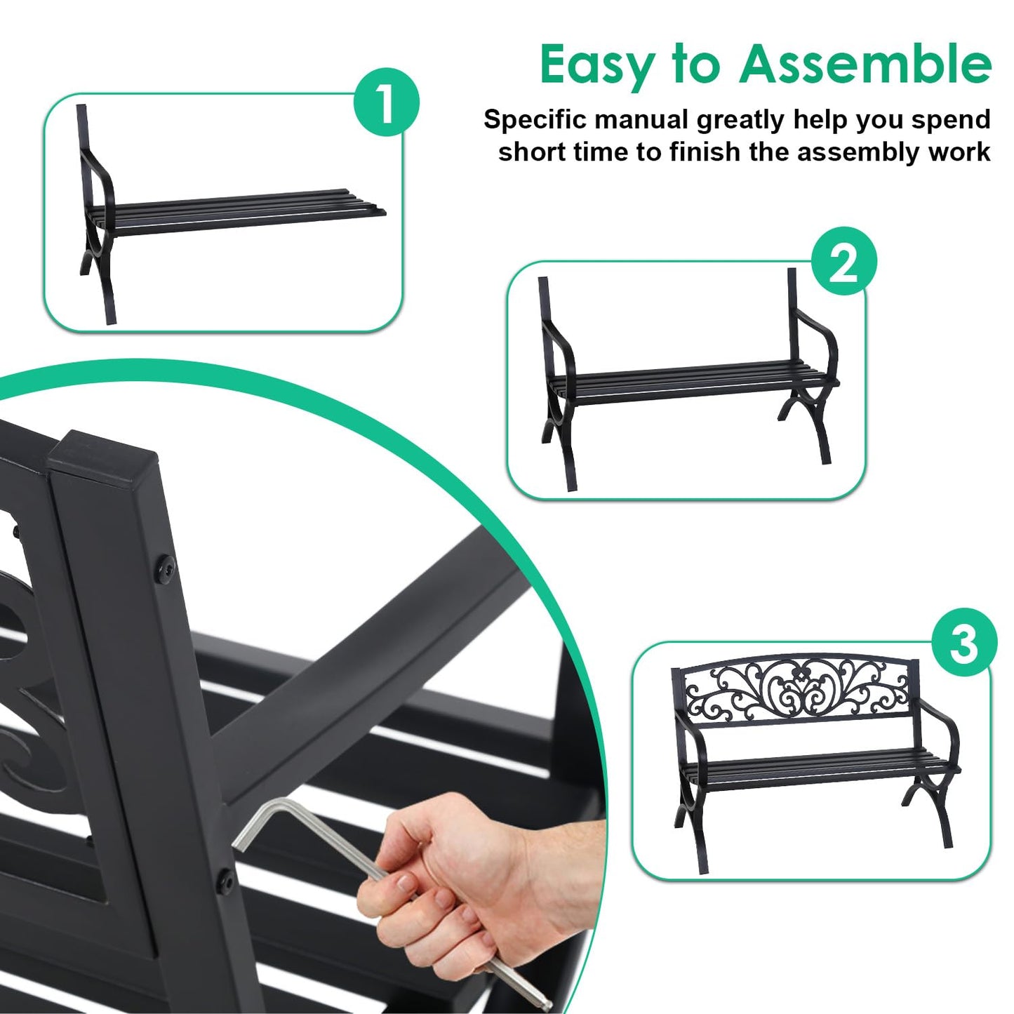 FDW Outdoor 50 Inches Garden Bench, Slatted Seat Armrests Floral Design Backres and Arch Legs, Perfect for Park, Yard, Porch, Lawn, Balcony, Backyard, Black