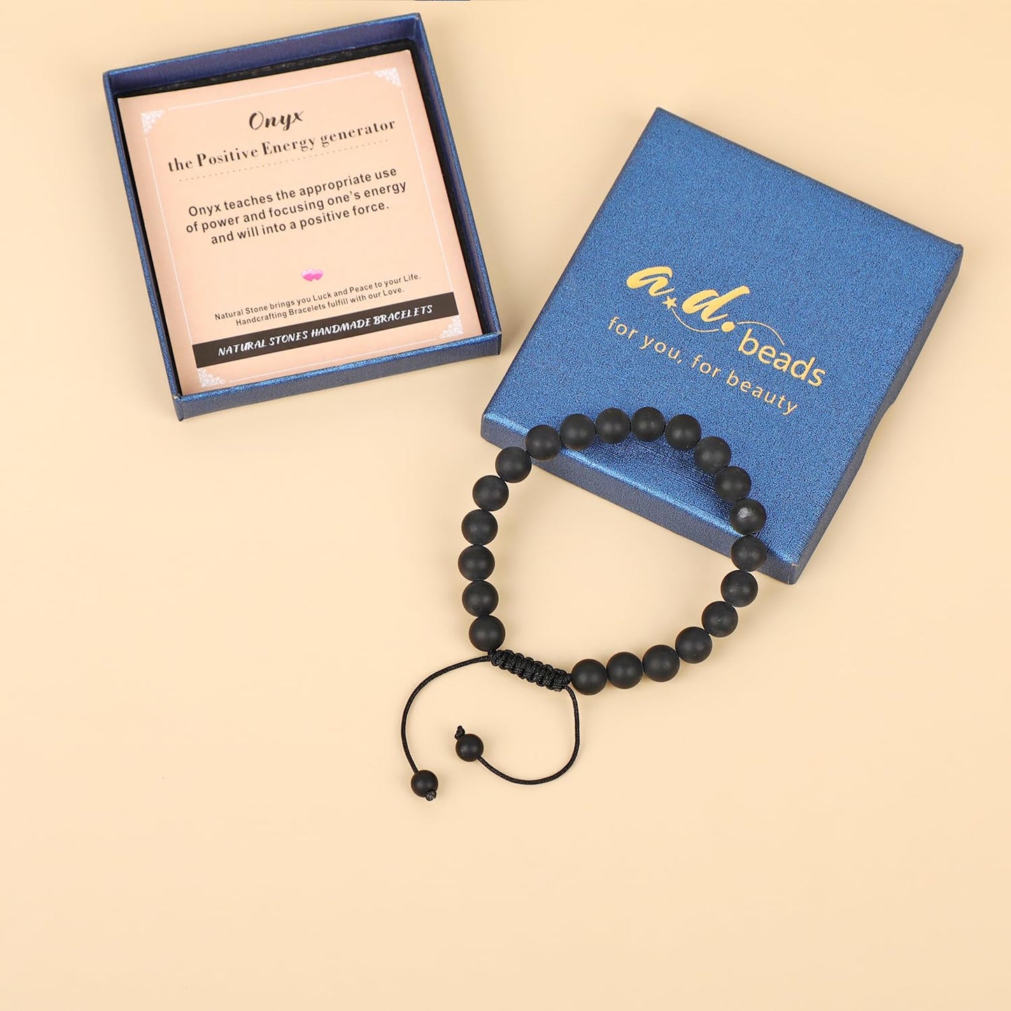 AD Beads 8mm Matte Onyx - Positive Energy - Handmade Natural Stone Crystal Bracelet with Adjustable Macrame String - Yoga Healing Power Energy Gifts for Men and Women