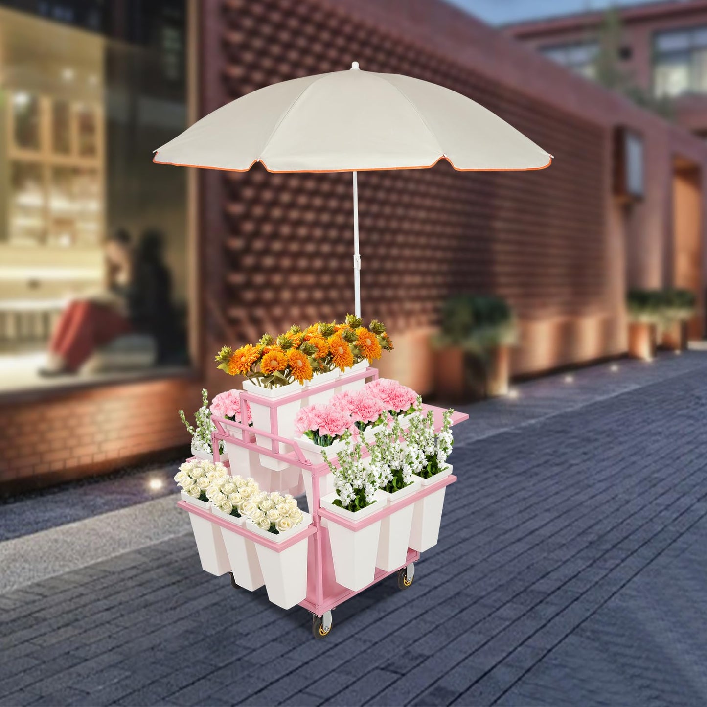 Metal Outdoor Flower Display Stand with Parasols, Heavy Duty Metal Flower Cart with 18 Buckets, Flower Plant Stand with Wheels, Moving Florist Bouquet Shelf for Patio Garden Florist Weddings Party (Pink)