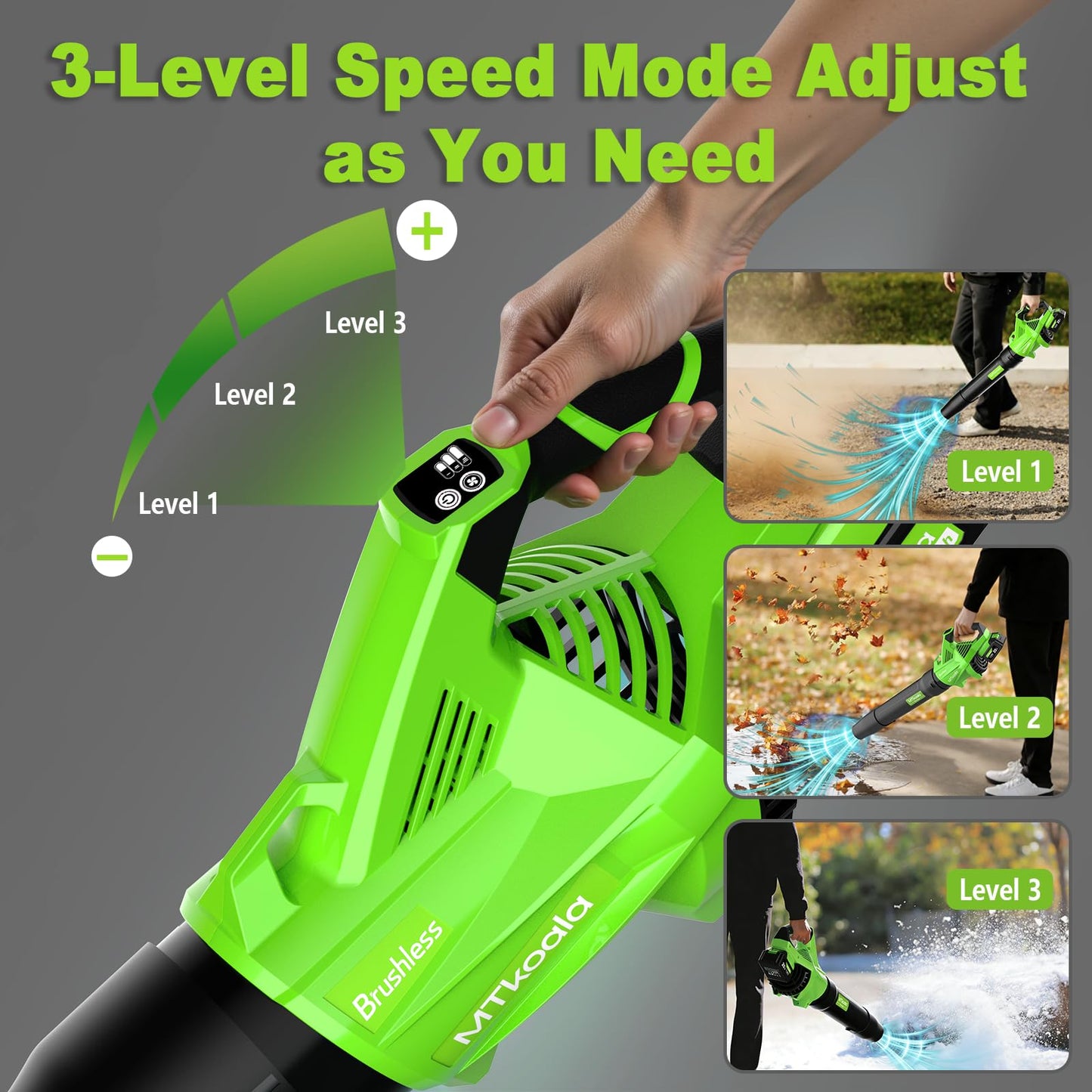 MTkoala Leaf Blower Cordless, New Upgraded 1200W Brushless Motor Leaf Blower, 700CFM 200MPH with 3 Speed Modes, 160Mins Max Runtime, Handheld Electric Blower for Lawn Care, Yard, Dust & Snow (Green)