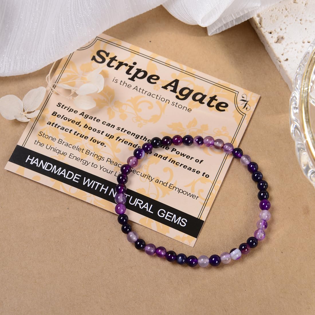 MASSIVE BEADS Stripe Agate - Attraction - Handmade Handmade Yoga Stretch Elastic Bracelet Natural Stone Crystal Healing Power Energy Gifts for Unisex Adult 4mm