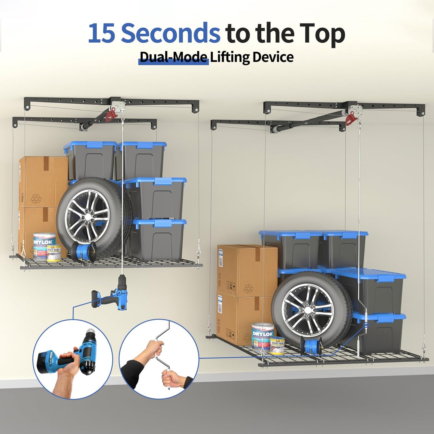 KOKORACKER Overhead Garage Storage Lift, Adjustable Heavy-duty 4x4 Ft Ceiling Racks with Safety Lock, Ideal for Storage Lifting Organization System, 250lbs Capacity